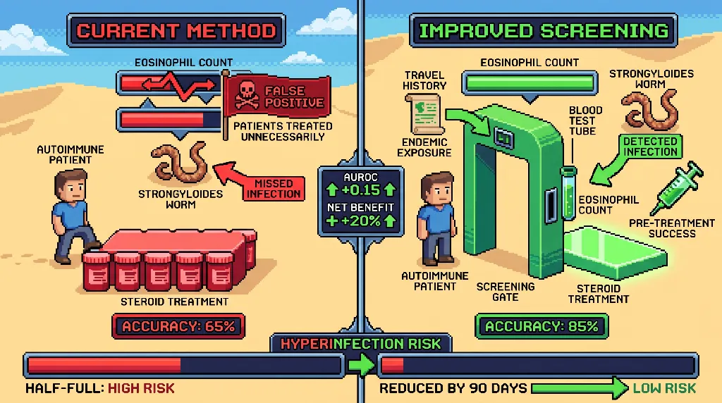 Infographic for: Hypothesis: Endemic-exposure history plus eosinophilia will outperform eosinophilia alone for pre-steroid Strongyloides detection in autoimmune care