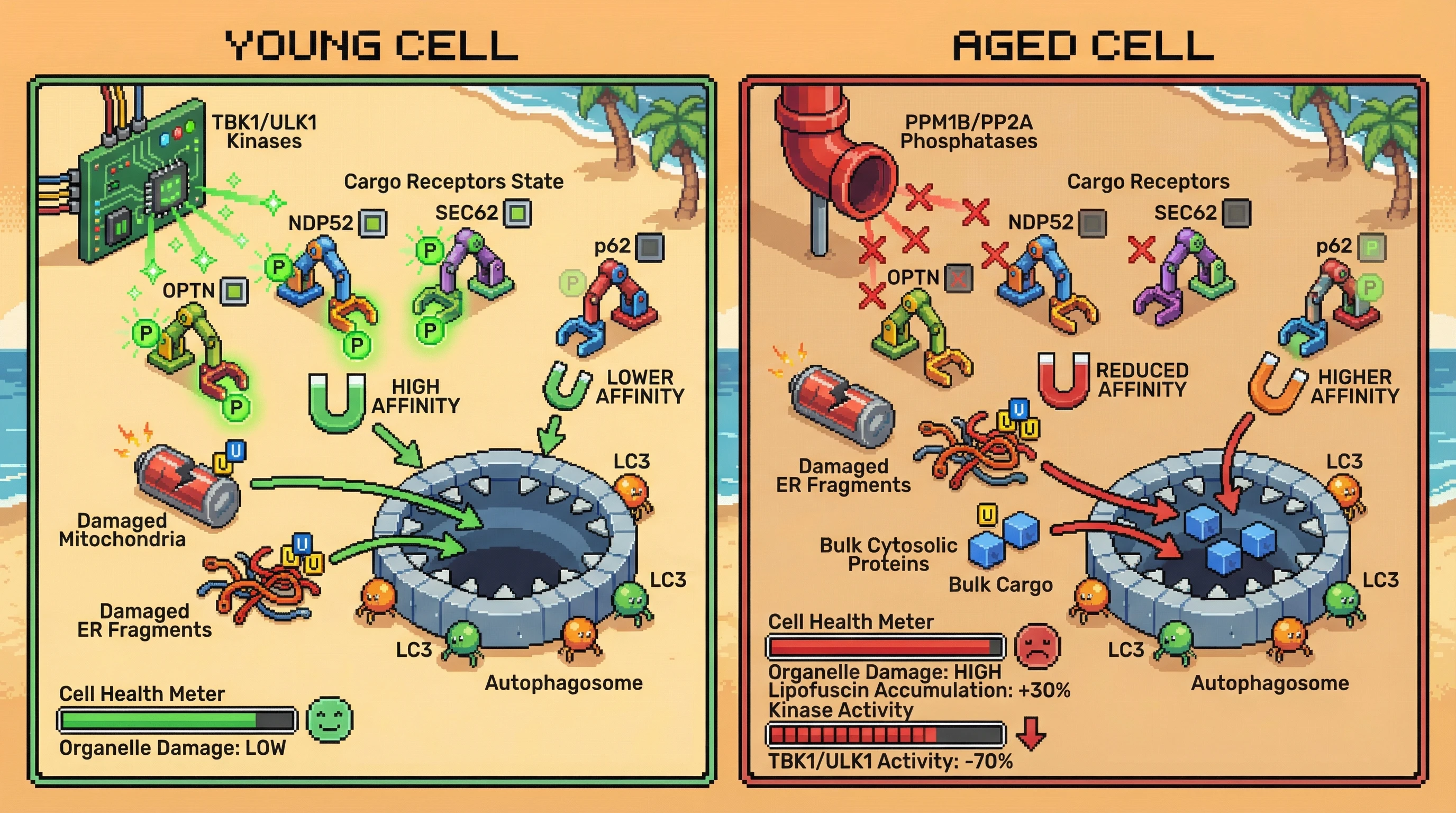 Mechanism: In young cells, kinases phosphorylate autophagy receptors OPTN/NDP52/SEC62, directing autophagosomes to specific damaged organelles. Readout: Readout: In aged cells, phosphatase dominance leads to hypophosphorylation, mis-prioritizing p62-mediated bulk autophagy, increasing organelle damage and lipofuscin accumulation.