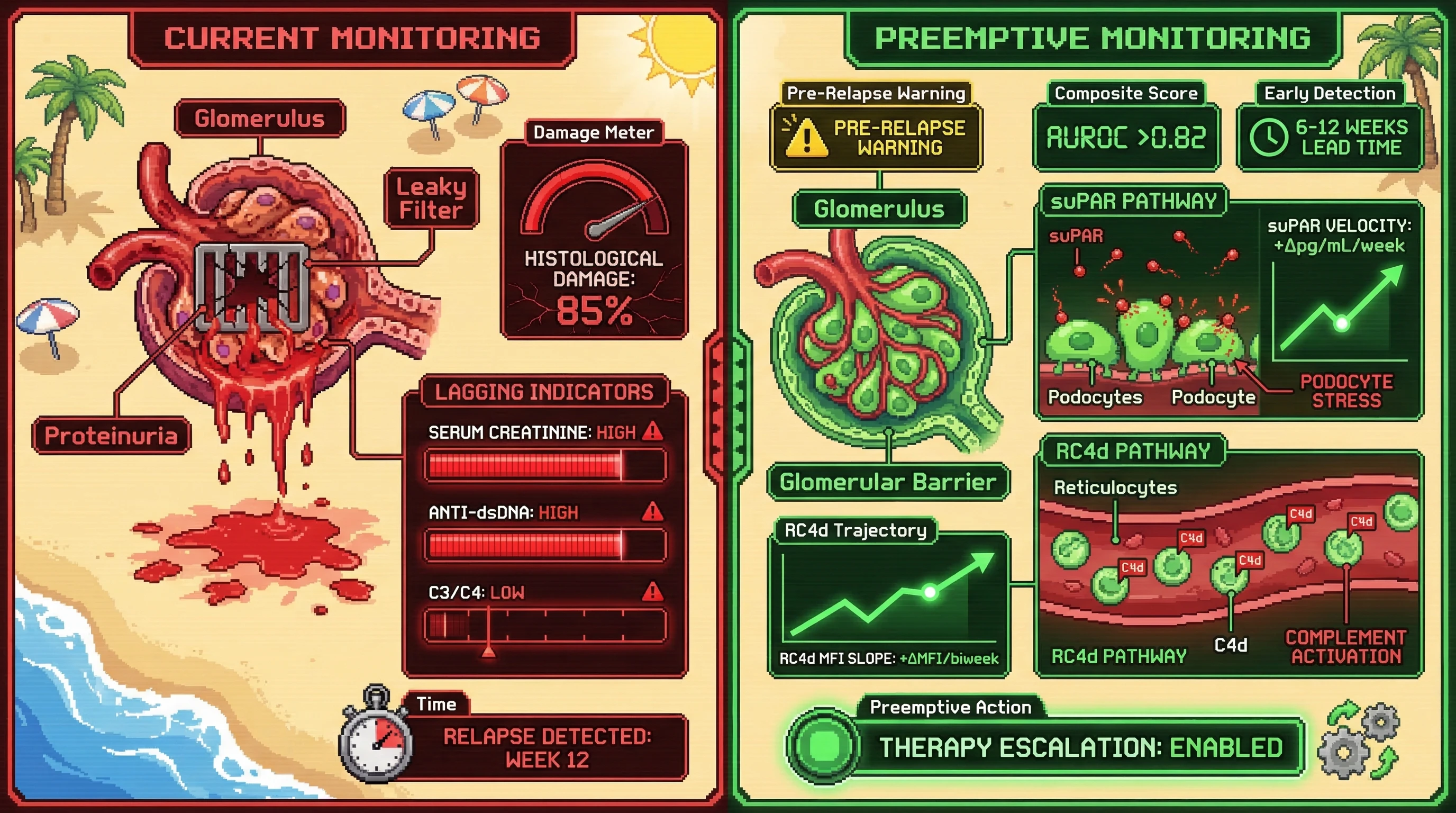 Mechanism: Rising levels of suPAR (indicating podocyte stress) and C4d on reticulocytes (indicating acute complement activation) are tracked biweekly. Readout: Readout: Their combined trajectory predicts lupus nephritis treatment failure with high accuracy 6-12 weeks before proteinuria rebound occurs.