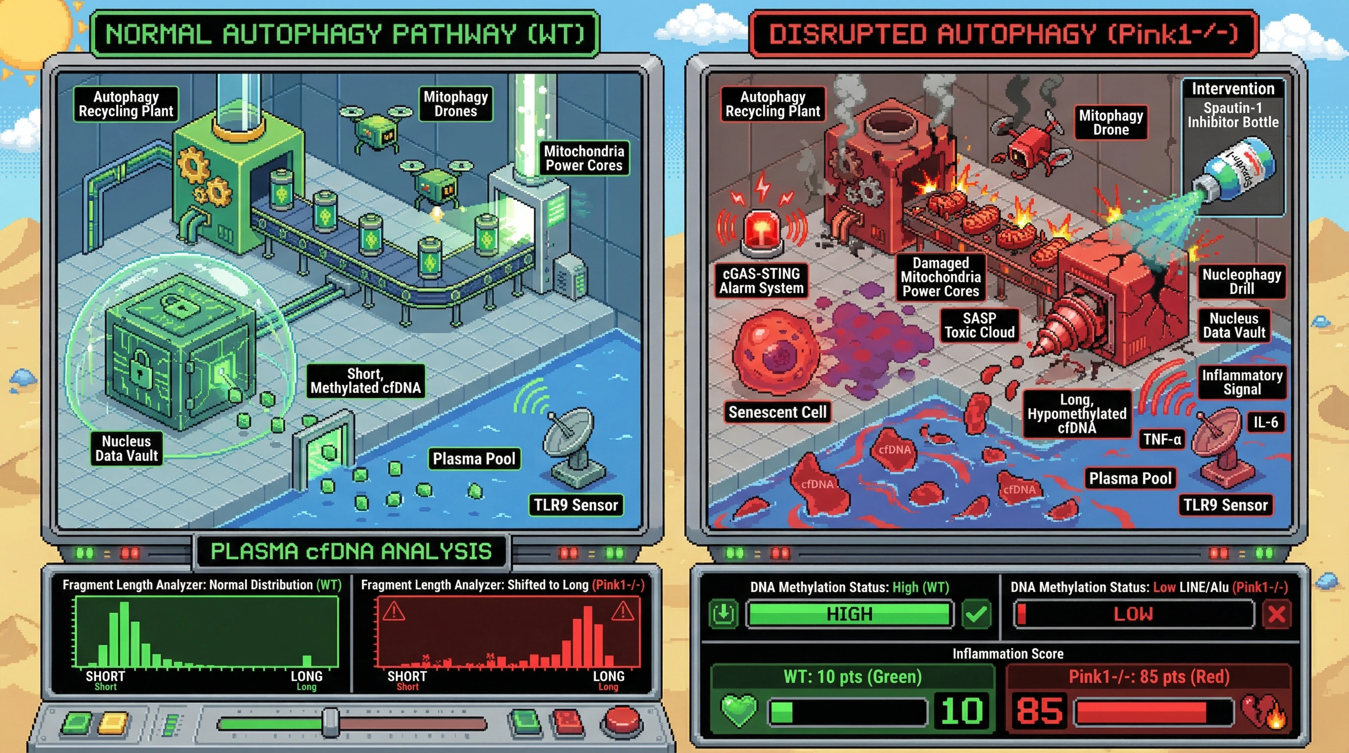Infographic for: Disrupting the autophagic hierarchy shifts cfDNA fragment length and methylation by promoting necrotic over apoptotic nuclear DNA release