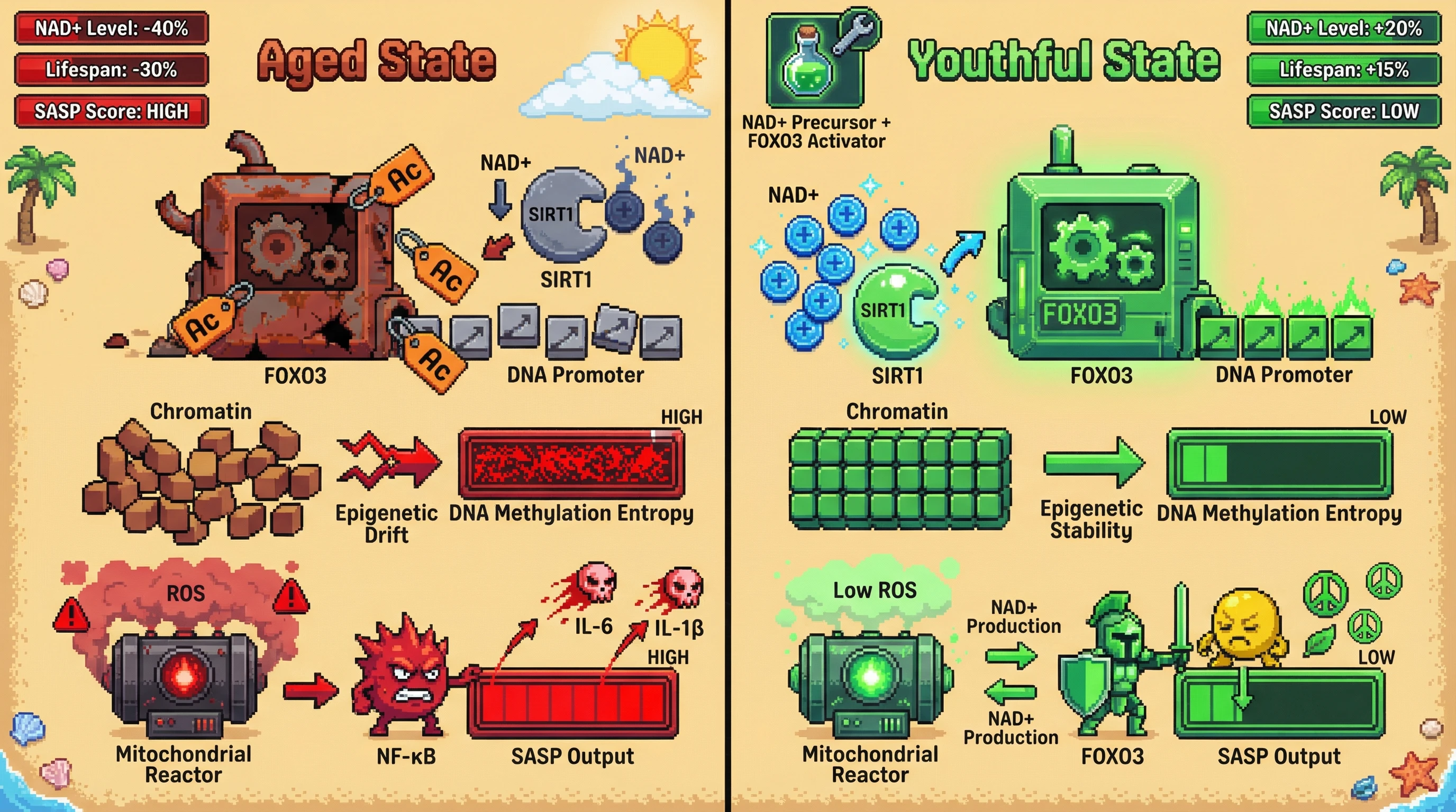 Infographic for: A Single NAD+-Dependent Epigenetic Gatekeeper Controls the Hierarchical Cascade of Aging Hallmarks