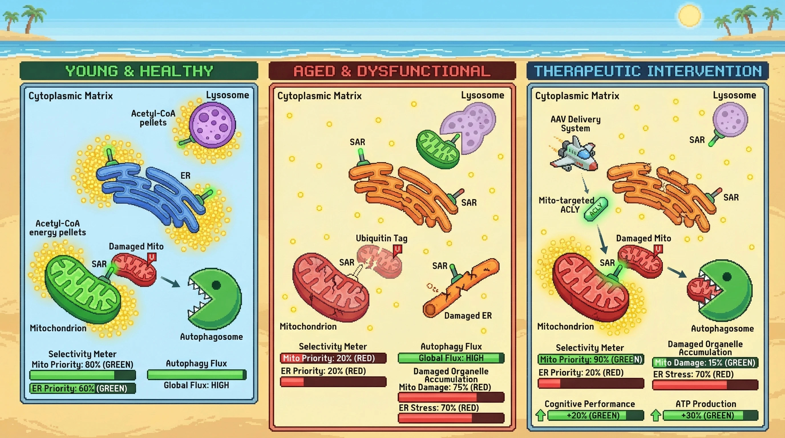 Infographic for: Localacetyl-CoA gradients at organelles set the hierarchy of selective autophagy, and their age‑dependent dysregulation rewires cargo prioritization