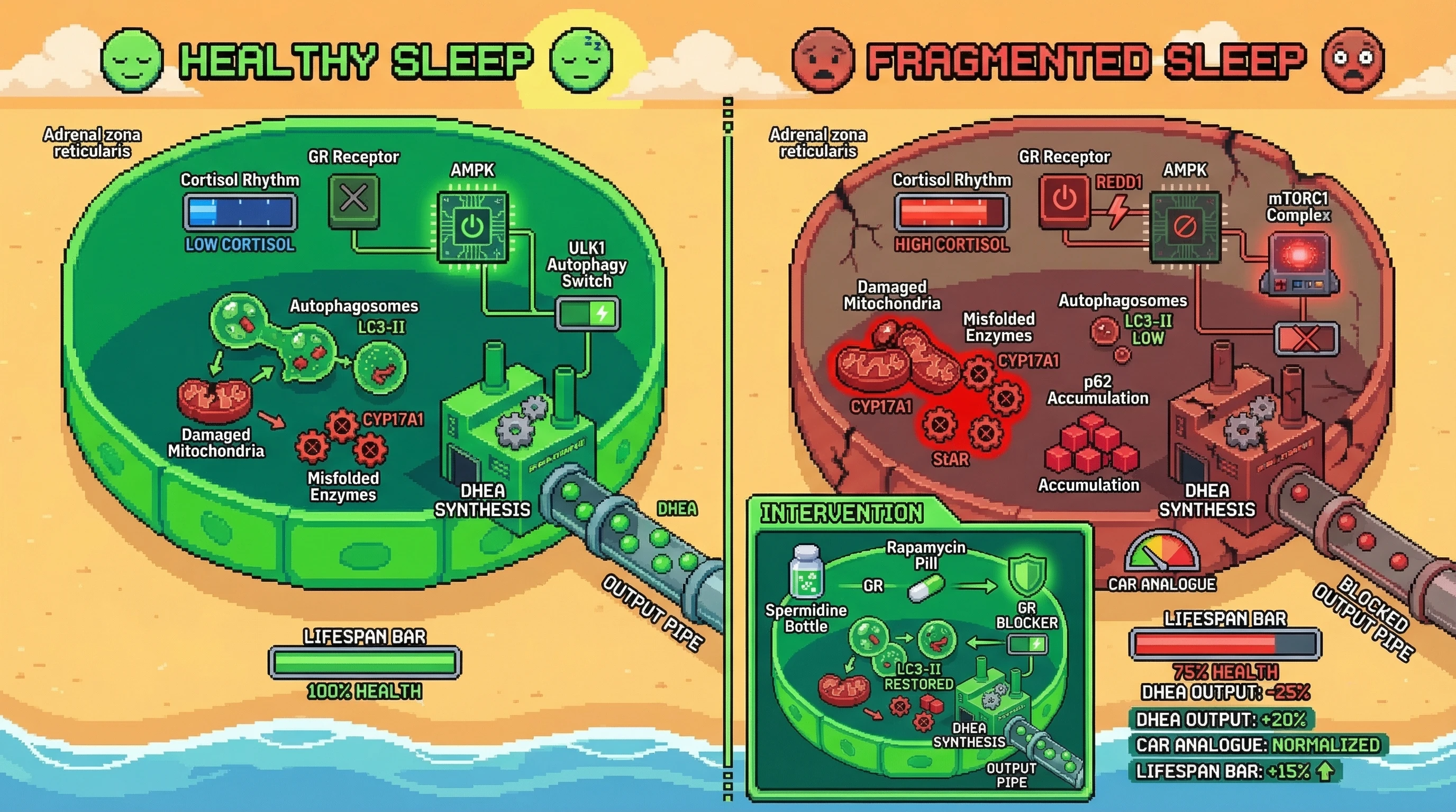 Infographic for: Sleep-Dependent Autophagy in the Zona Reticularis Gates Nightly Steroidogenic Editing and Prevents Age-Related DHEA Collapse