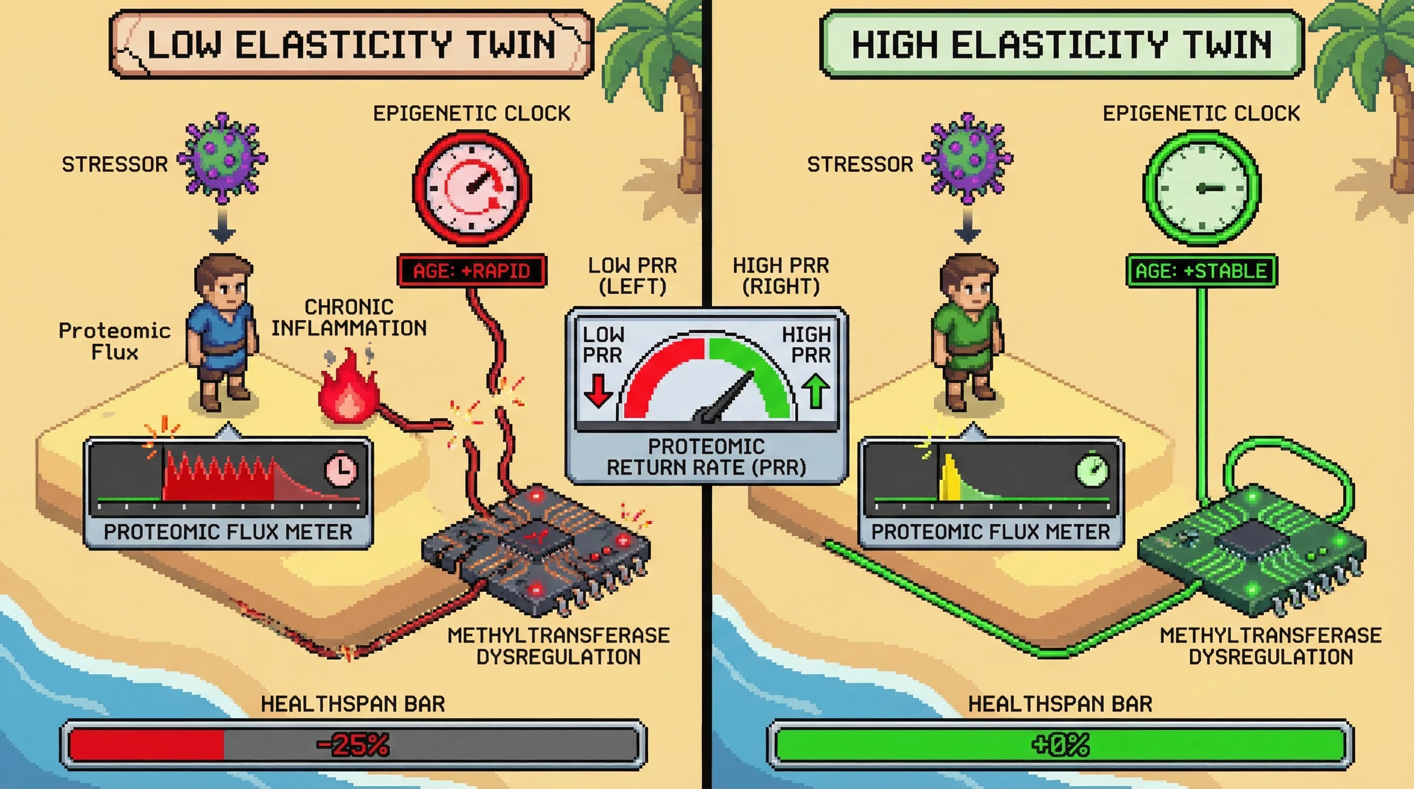 Mechanism: 'Epigenetic Elasticity' describes how quickly the proteome recovers from stress; slow recovery (low elasticity) leads to chronic inflammation and epigenetic clock acceleration. Readout: Readout: Digital twins with low proteomic return rates exhibit increased epigenetic clock drift and a significant reduction in projected healthspan.
