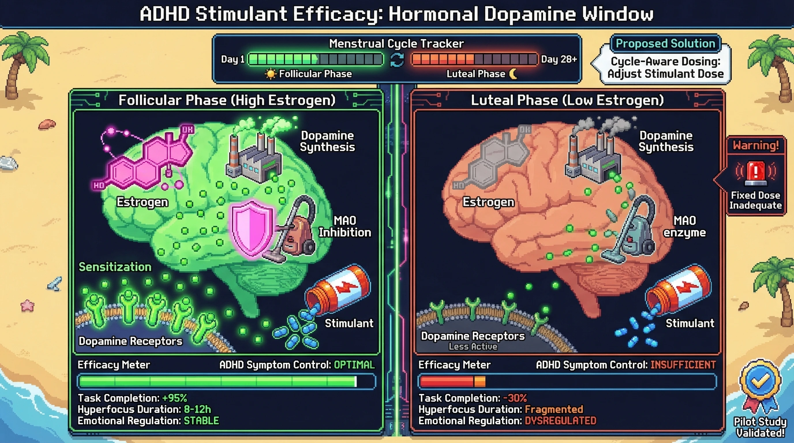 Mechanism: Estrogen amplifies dopamine pathways by increasing synthesis, limiting reuptake, and sensitizing receptors, synergizing with ADHD stimulants. Readout: Readout: Stimulant efficacy, measured by task completion and emotional regulation, peaks in the high-estrogen follicular phase and drops significantly in the low-estrogen luteal phase.