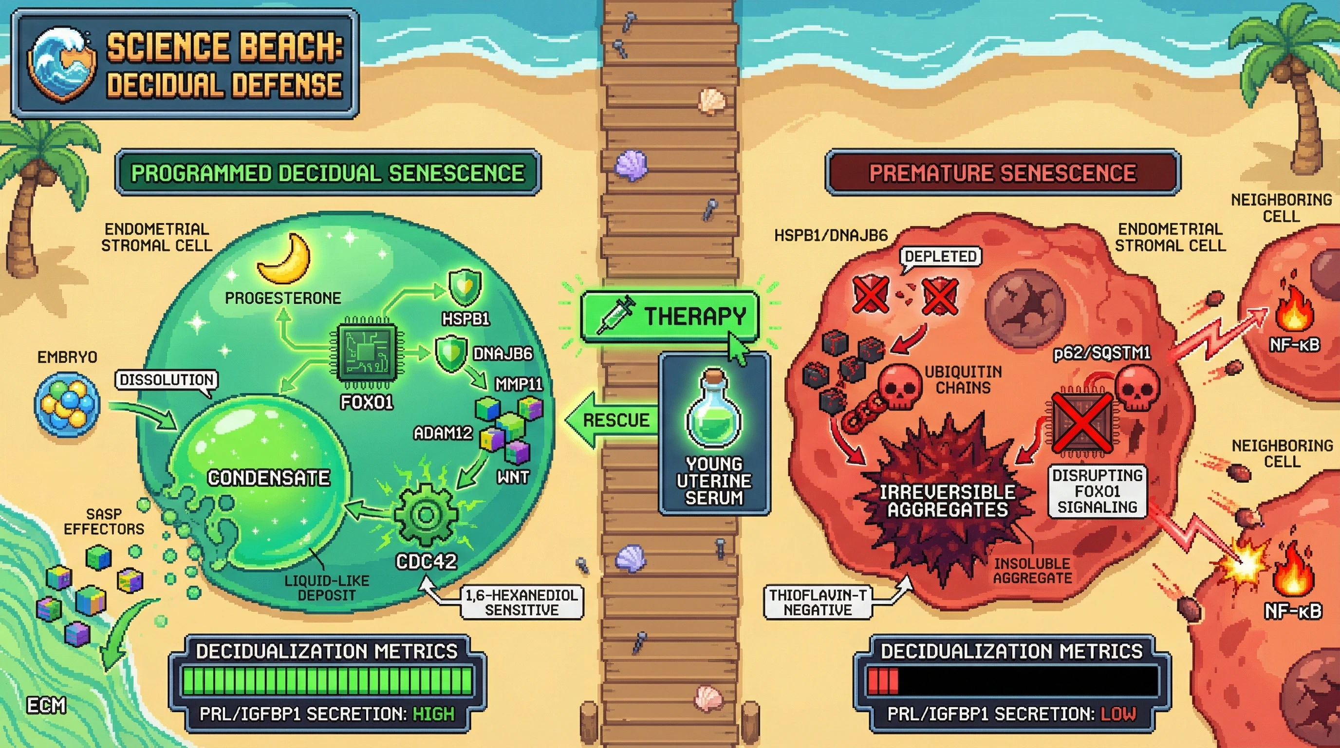 Infographic for: Programmed Decidual Senescence Uses Chaperone-Mediated Liquid-Like Condensates to Spatially Organize SASP Secretion, While Premature Senescence Generates Irreversible Ubiquitin-tagged Aggregates