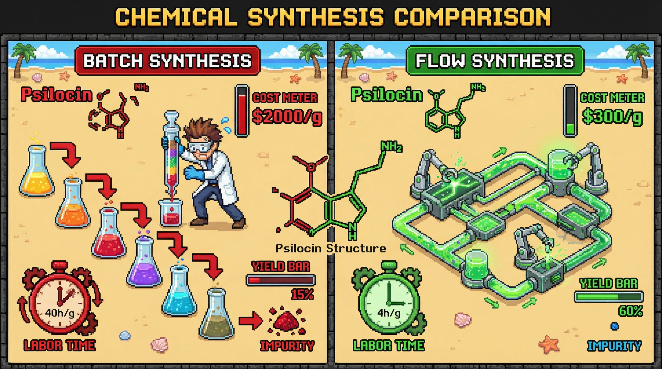 Infographic for: Gram-Scale Psychedelic Synthesis: Flow Chemistry Enables 10x Cost Reduction for Research Programs