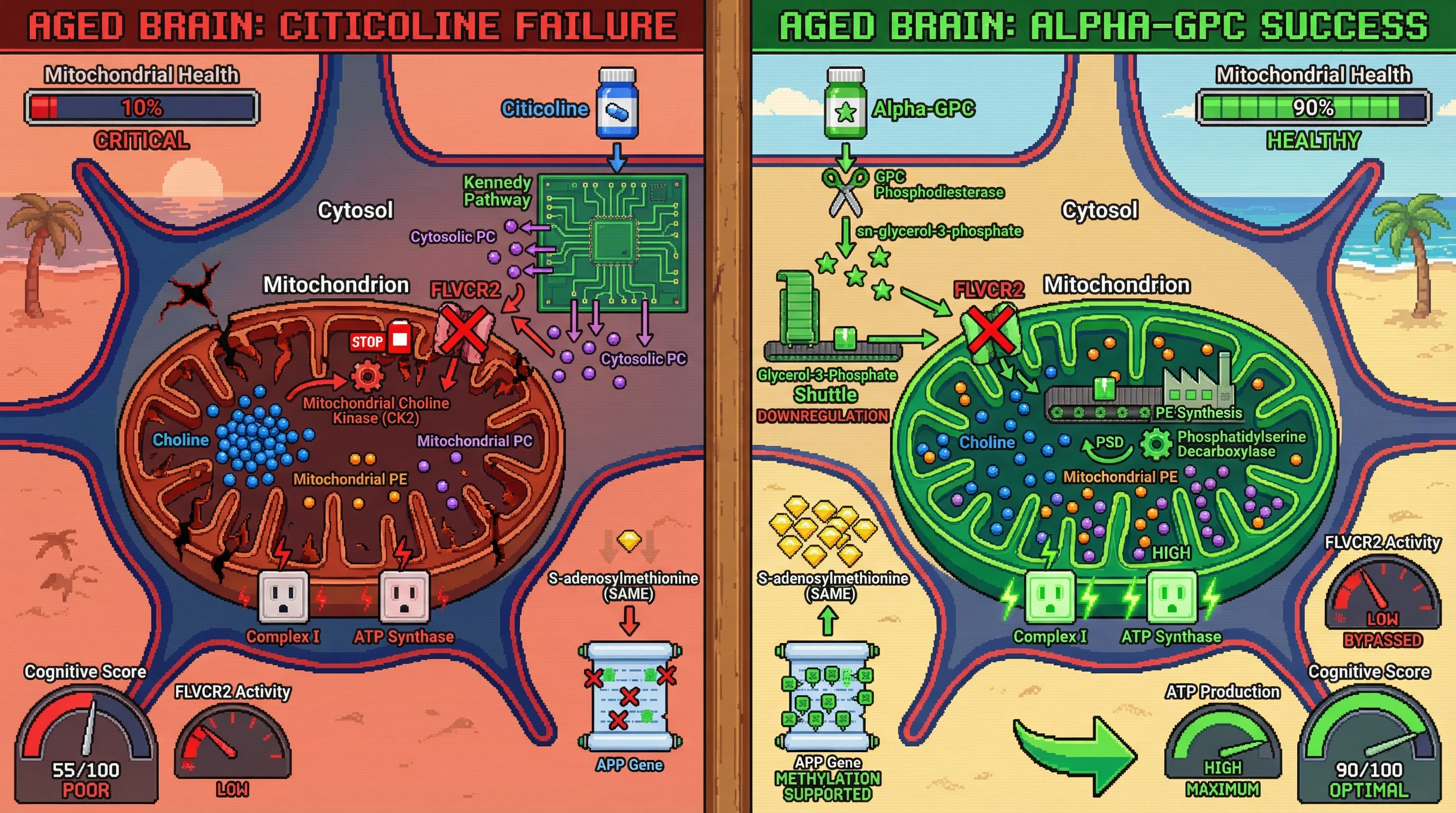 Infographic for: Hypothesis: Mitochondrial FLVCR2‑Dependent Choline Partitioning Determines Differential Efficacy of Alpha‑GPC vs Citicoline in Brain Aging