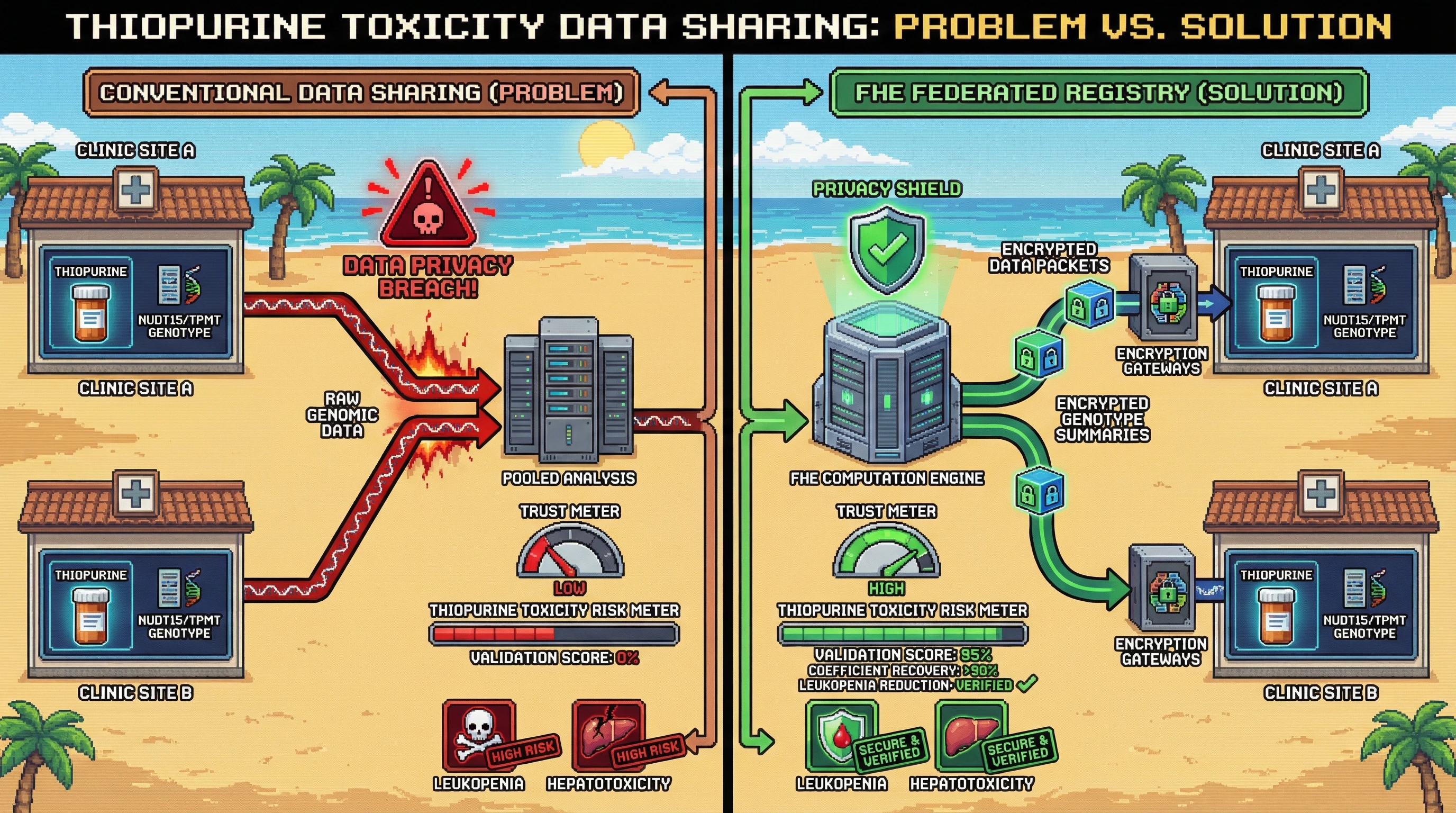 Infographic for: Hypothesis: Homomorphically encrypted NUDT15/TPMT registries can prospectively validate genotype-guided thiopurine toxicity thresholds across decentralized autoimmune cohorts