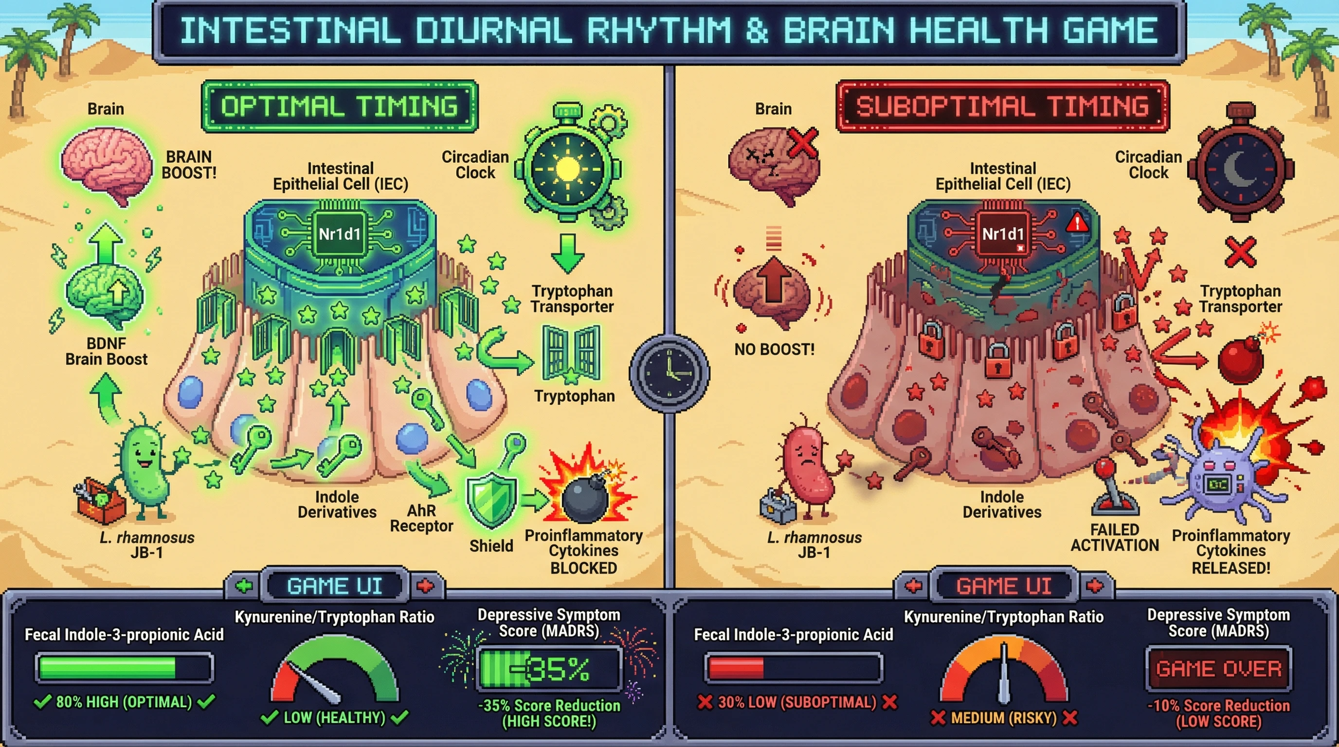Mechanism: Timed psychobiotic administration, aligned with the host's circadian rhythm, enhances microbial tryptophan metabolism and AhR activation, reducing neuroinflammation. Readout: Readout: Optimal timing leads to a larger increase in fecal indole-3-propionic acid and a 35% reduction in depressive symptom scores after 8 weeks.