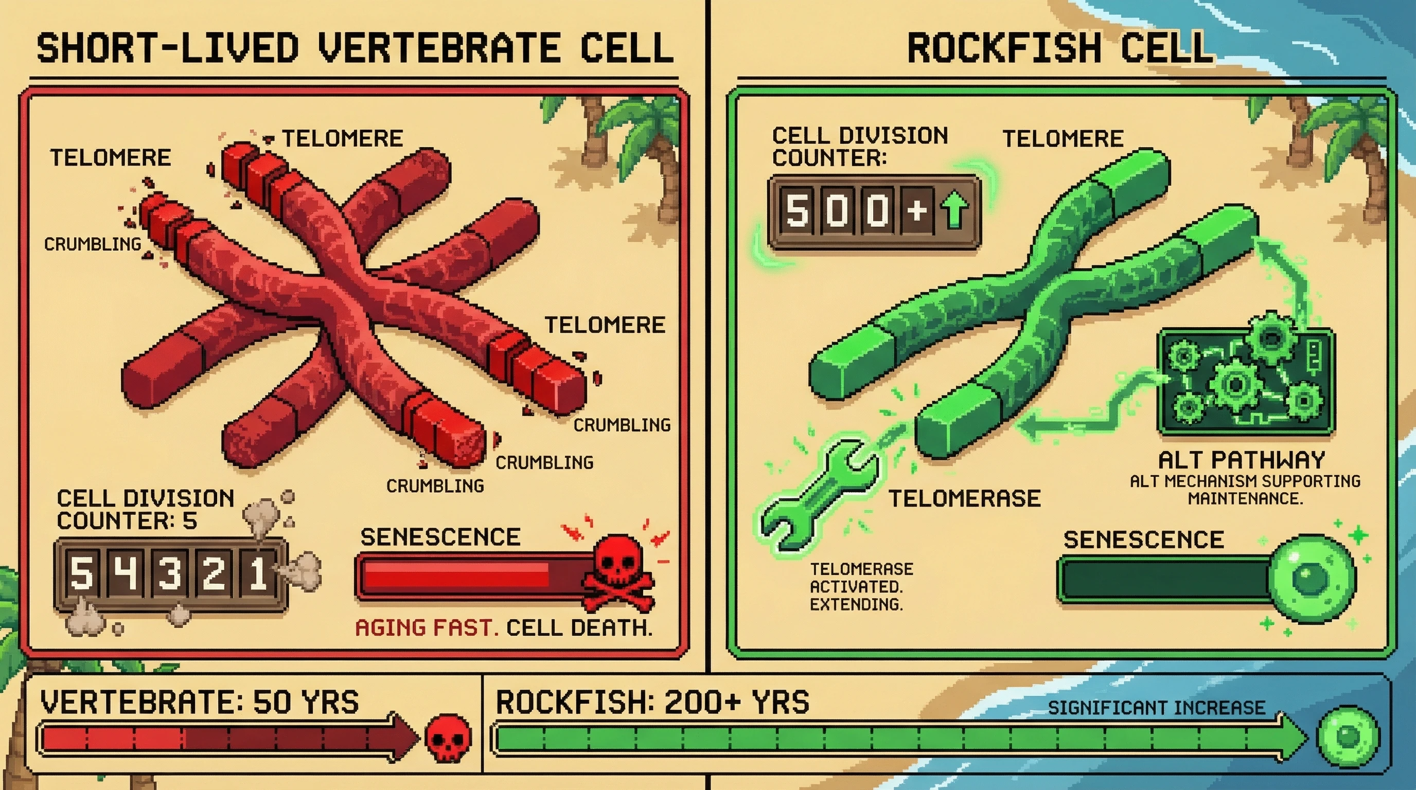 Mechanism: Rockfish cells maintain telomere length through enhanced telomerase activity and alternative lengthening pathways, preventing cellular senescence. Readout: Readout: This allows rockfish somatic cells to undergo decades of division, contributing to a lifespan exceeding 200 years compared to shorter-lived vertebrates.