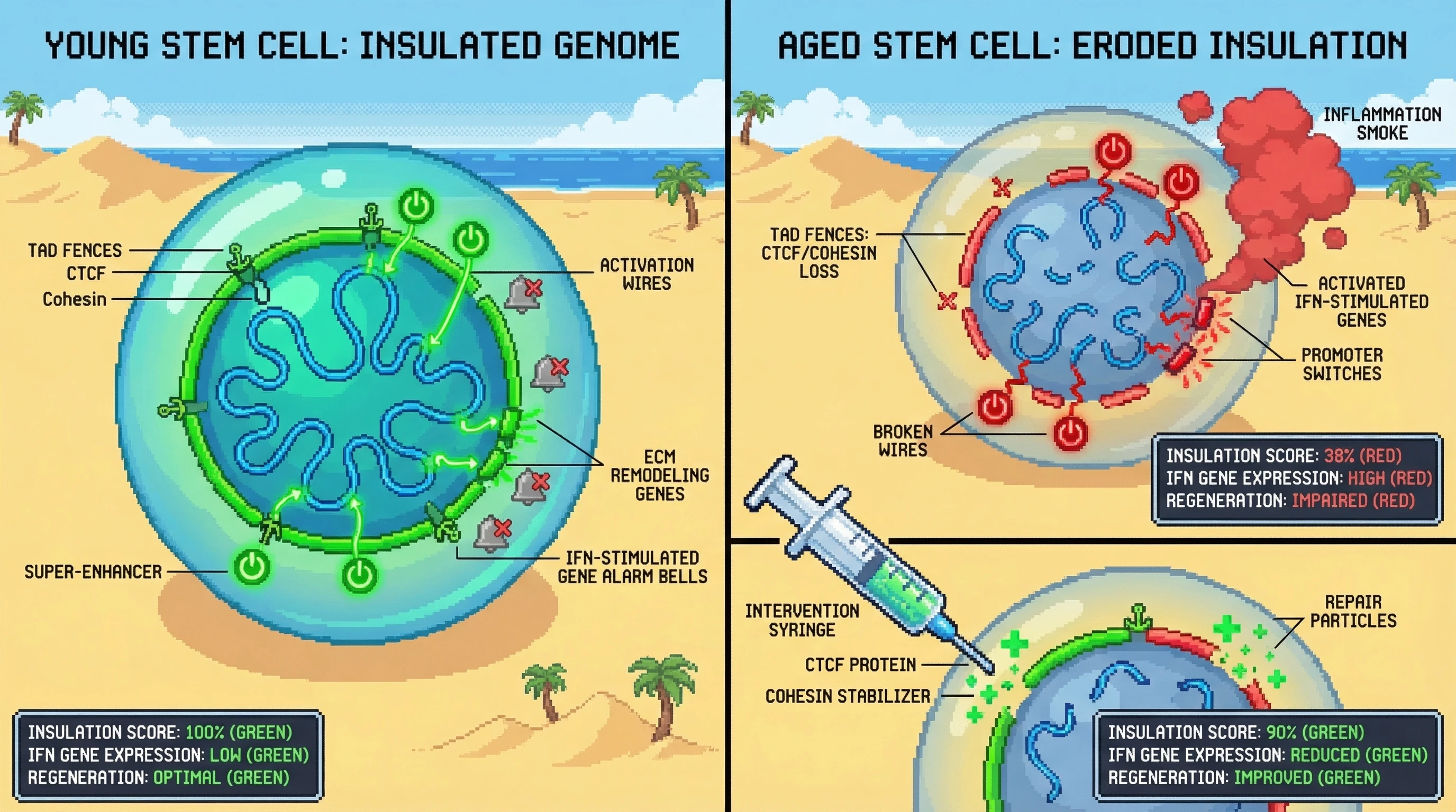 Infographic for: Chromatin insulation loss drives age‑associated enhancer hijacking and inflammation in stem cells