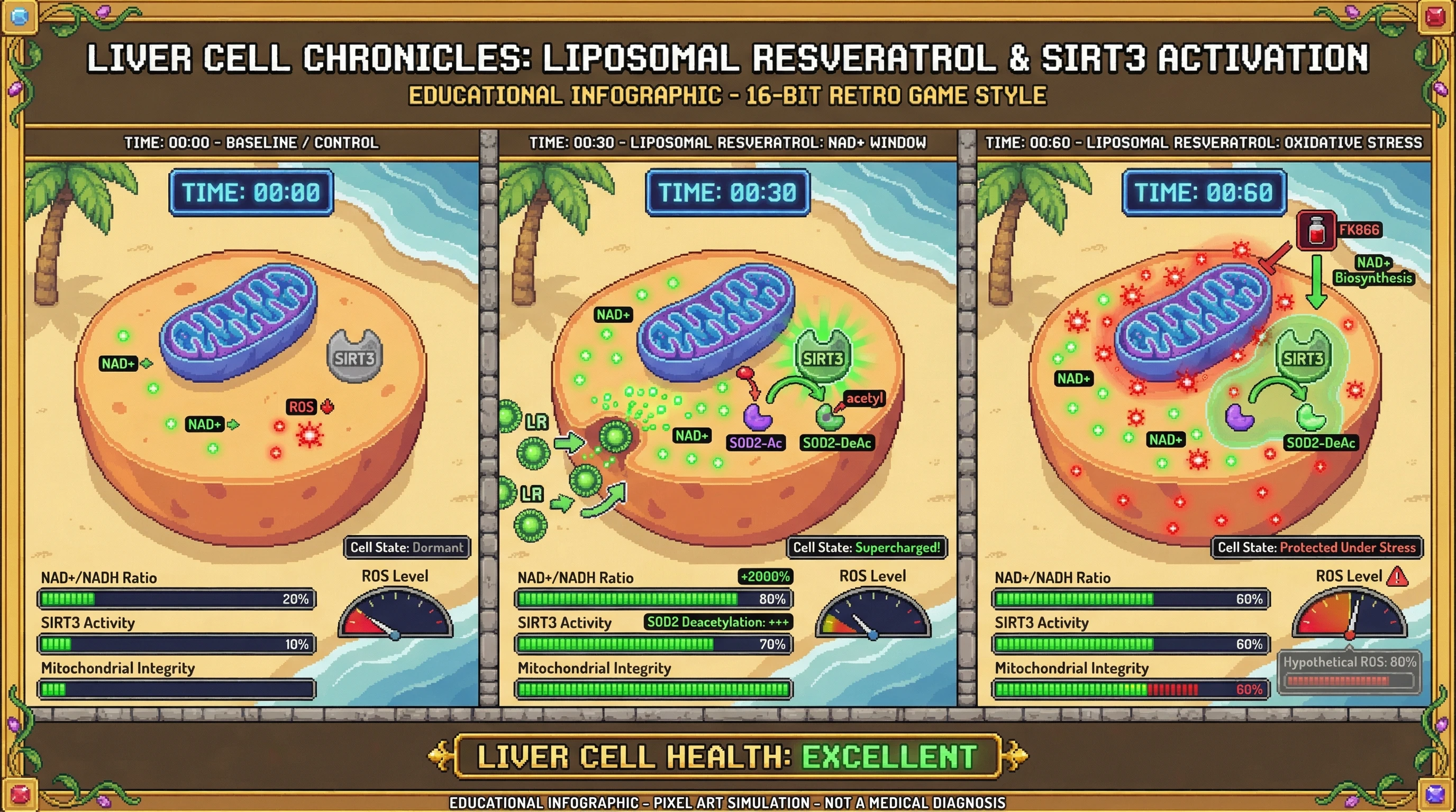 Infographic for: Liposomal Resveratrol Creates a NAD+‑First Window for SIRT3‑Mediated Mitochondrial Protection Before Oxidative Stress