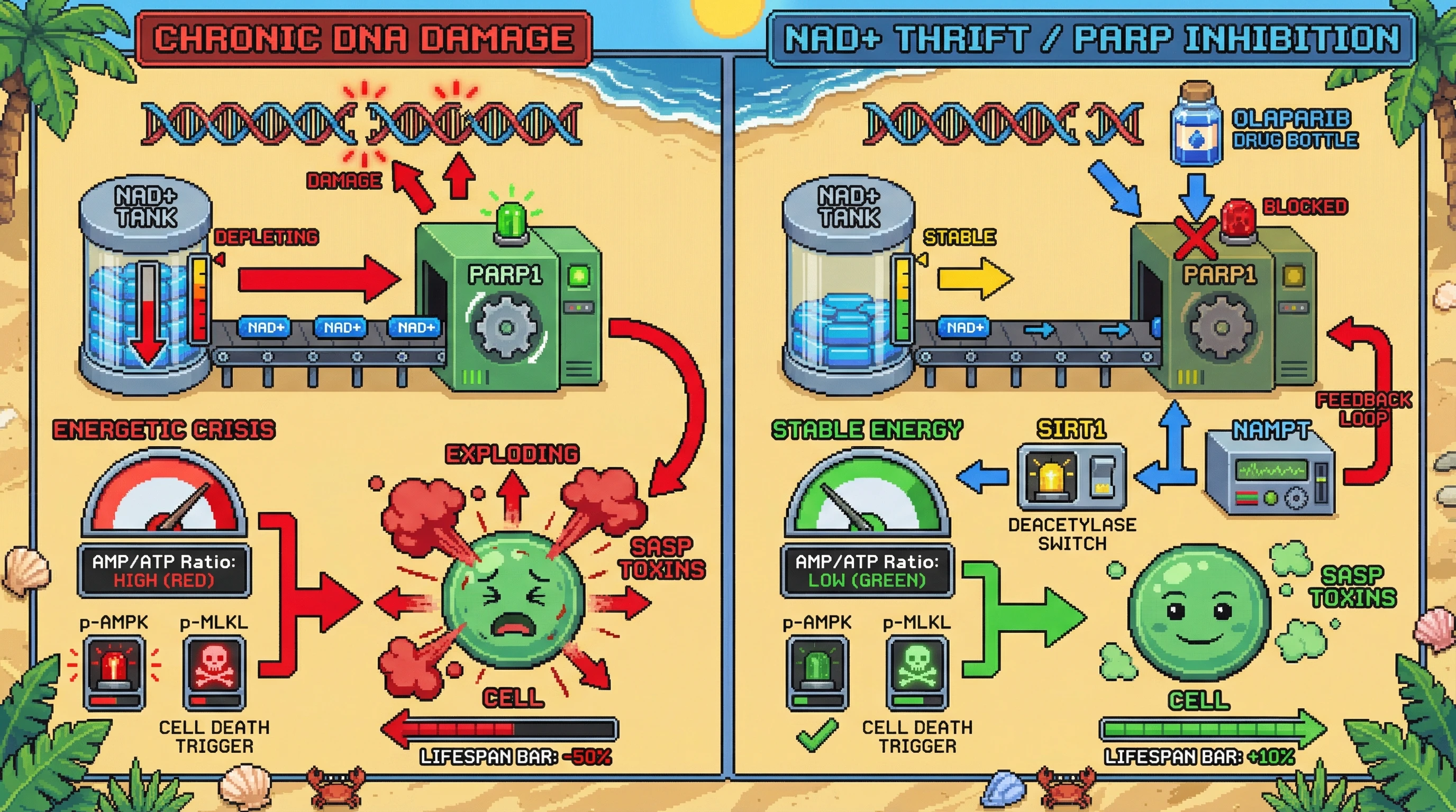Infographic for: NAD+ thrift hypothesis: controlled NAD+ depletion limits PARP-driven energetic crisis during chronic DNA damage