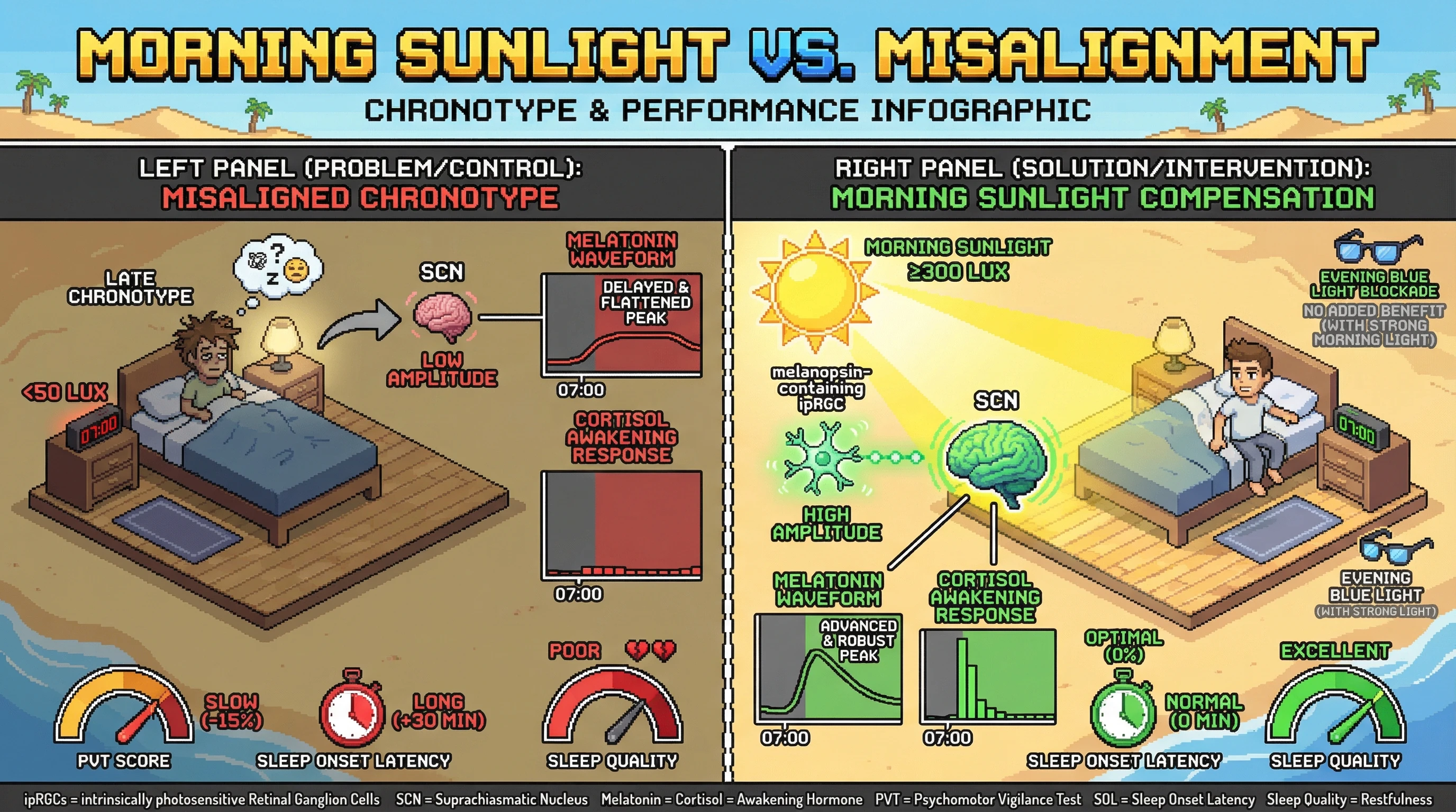 Mechanism: Bright morning sunlight activates ipRGCs, sending a strong signal to the SCN to increase circadian rhythm amplitude, compensating for chronotype misalignment. Readout: Readout: This intervention normalizes melatonin onset, cortisol response, PVT scores, and sleep onset latency even on fixed early schedules.