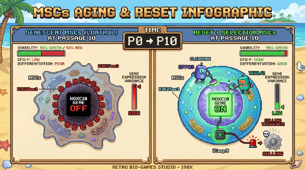 Infographic for: Inducing Germline Epigenetic Reset and Selection in MSCs Preserves HOX Positional Identity but Triggers Germline-Style Culling