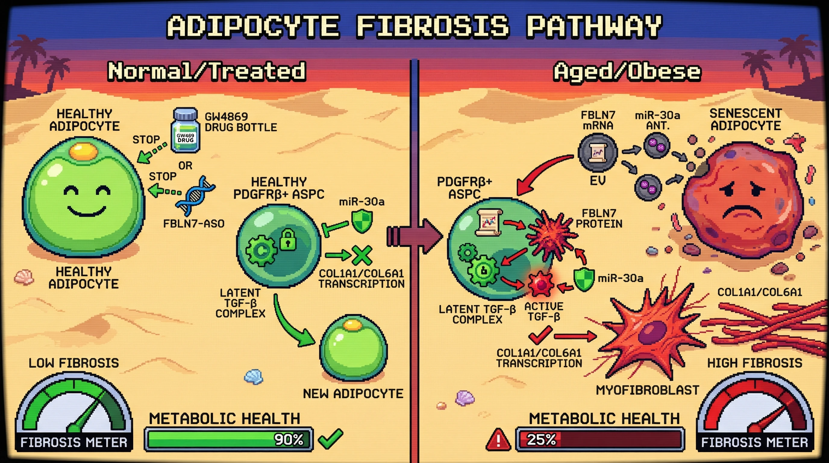 Mechanism: Senescent adipocytes release FBLN7-rich EVs, which reprogram PDGFRβ+ ASPCs by activating TGF-β signaling and sequestering antifibrotic miR-30a. Readout: Readout: This leads to increased collagen deposition and myofibroblast transformation, which is reversed by blocking EV secretion or FBLN7, restoring metabolic health and reducing fibrosis.
