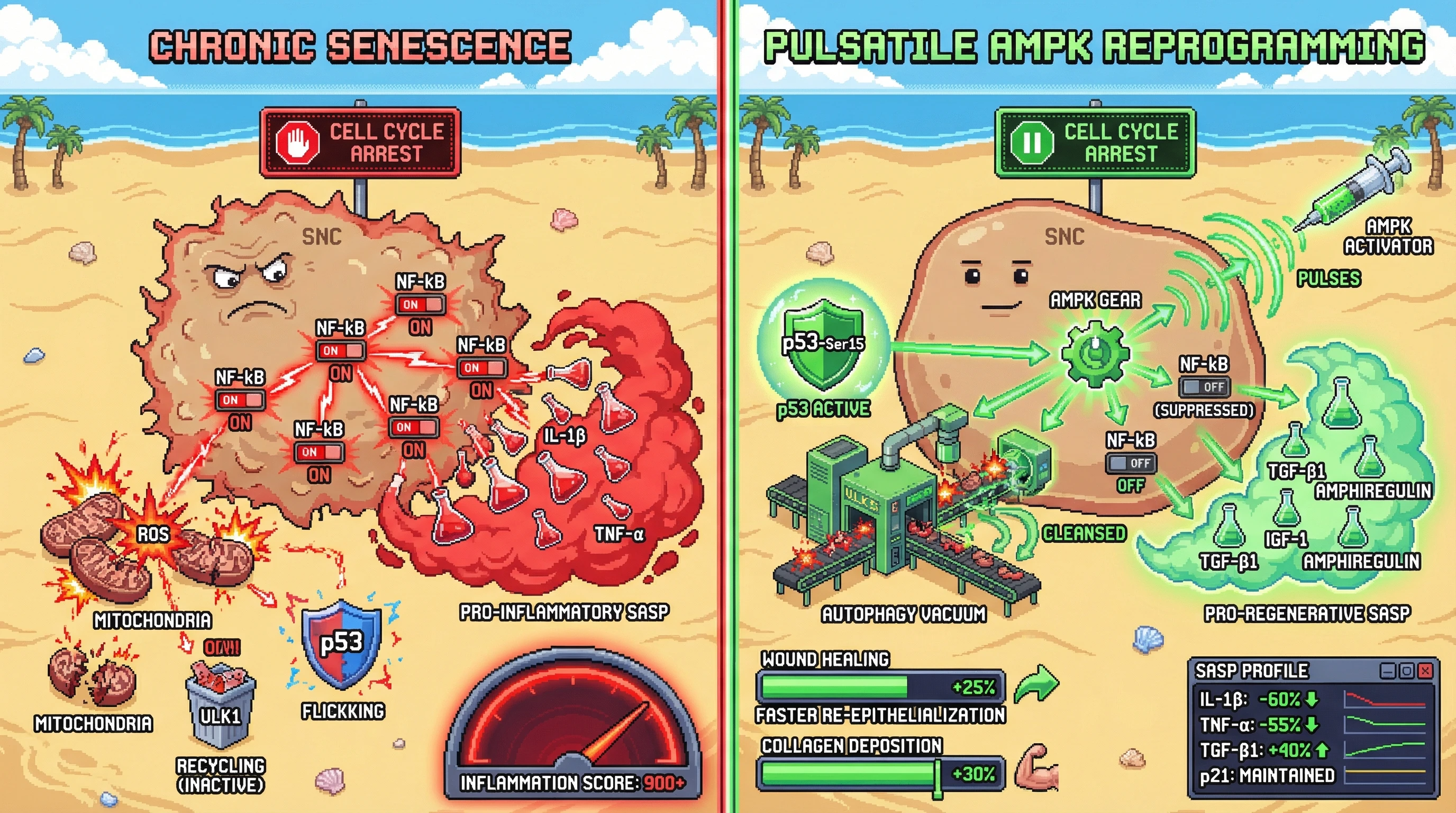 Infographic for: Pulsatile AMPK Activation Reprograms Chronic Senescent Cells into Transient Hostage Negotiators via a SASP Switch