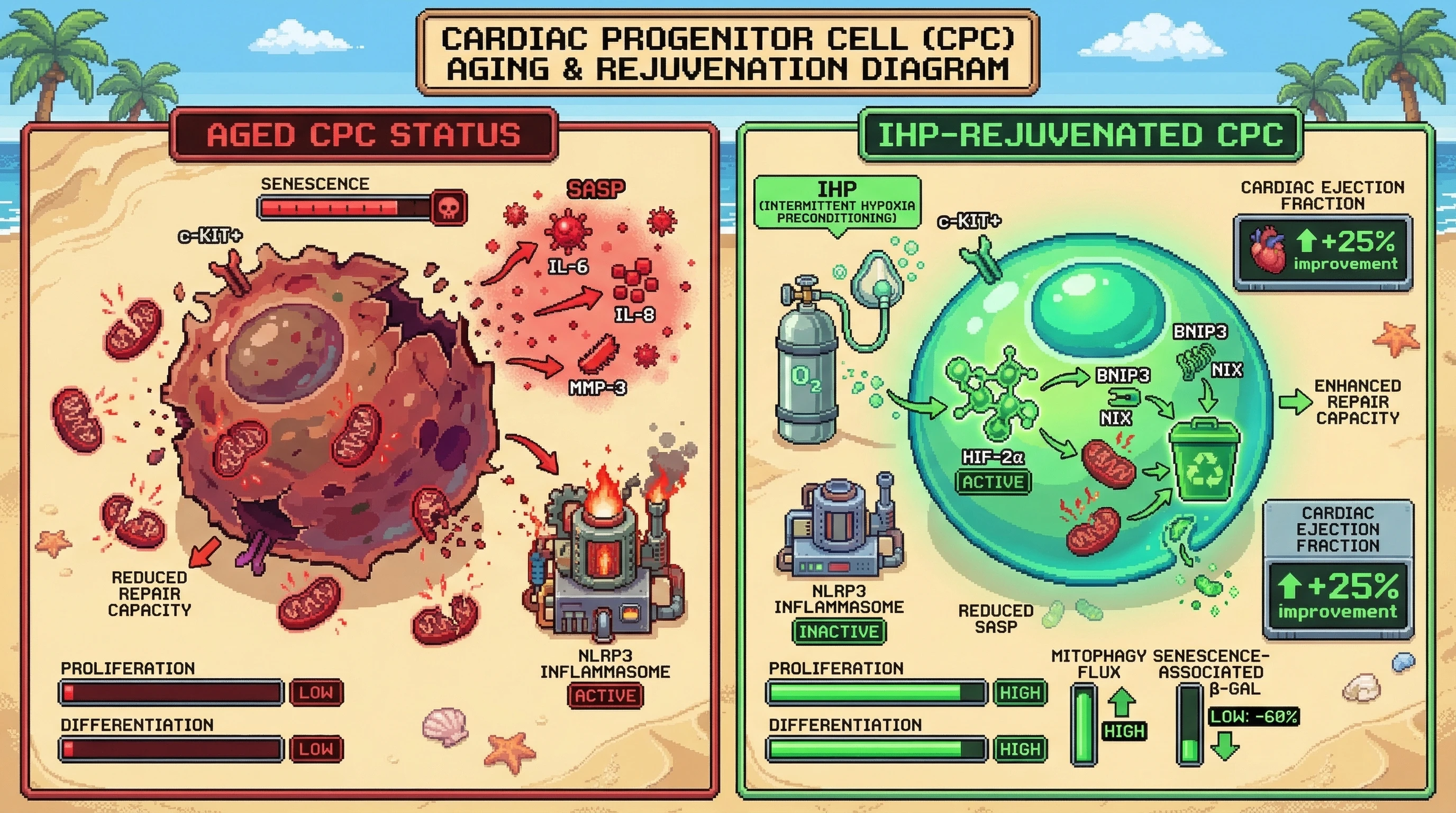 Infographic for: Intermittent Hypoxia Preconditioning Rejuvenates Aged c‑Kit+ Cardiac Progenitor Cells via HIF‑2α‑Driven Mitophagy and SASP Suppression