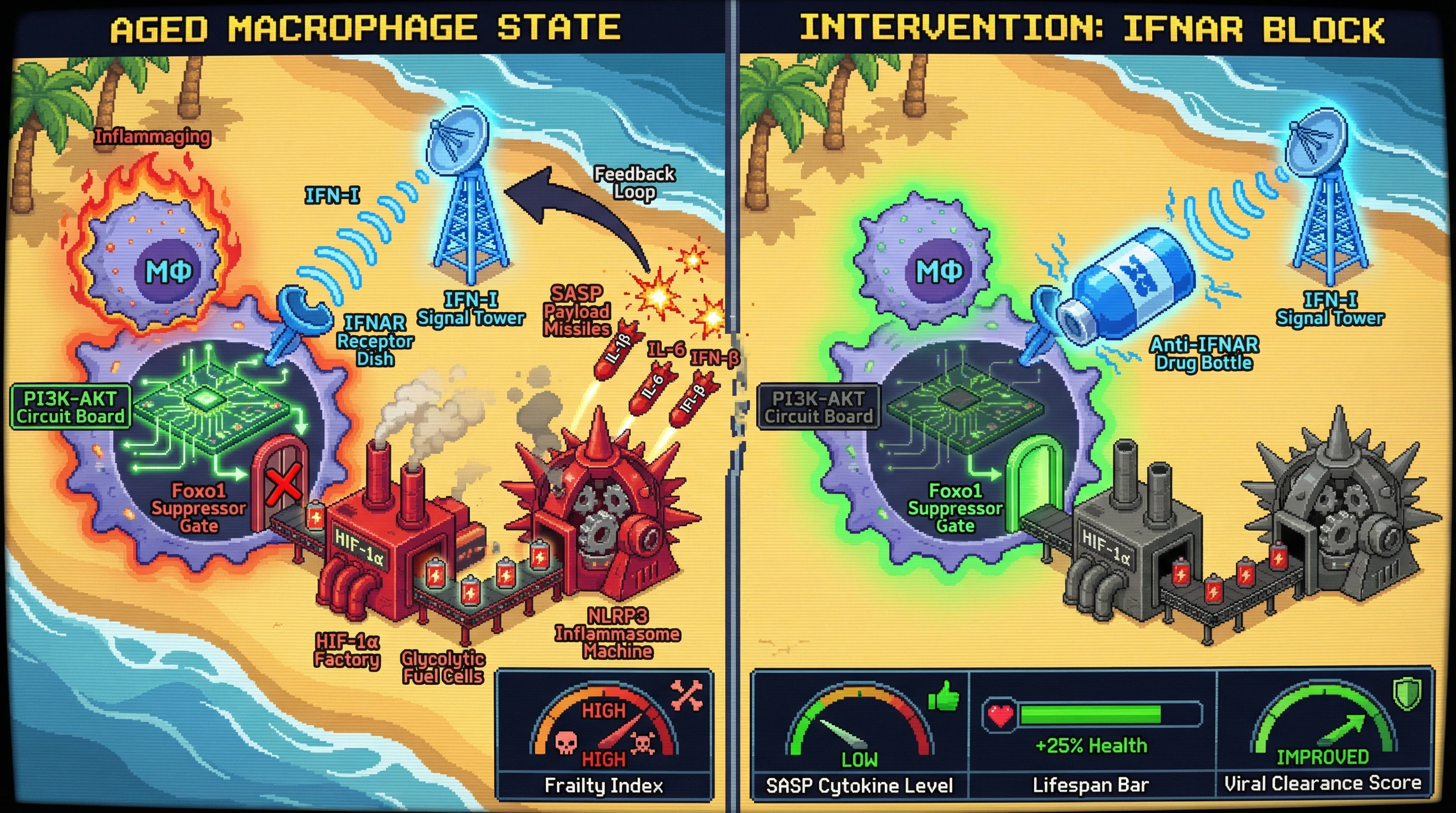 Infographic for: IFN-I reprogramstissue macrophages via PI3K-AKT-Foxo1 to amplify SASP and drive inflammaging
