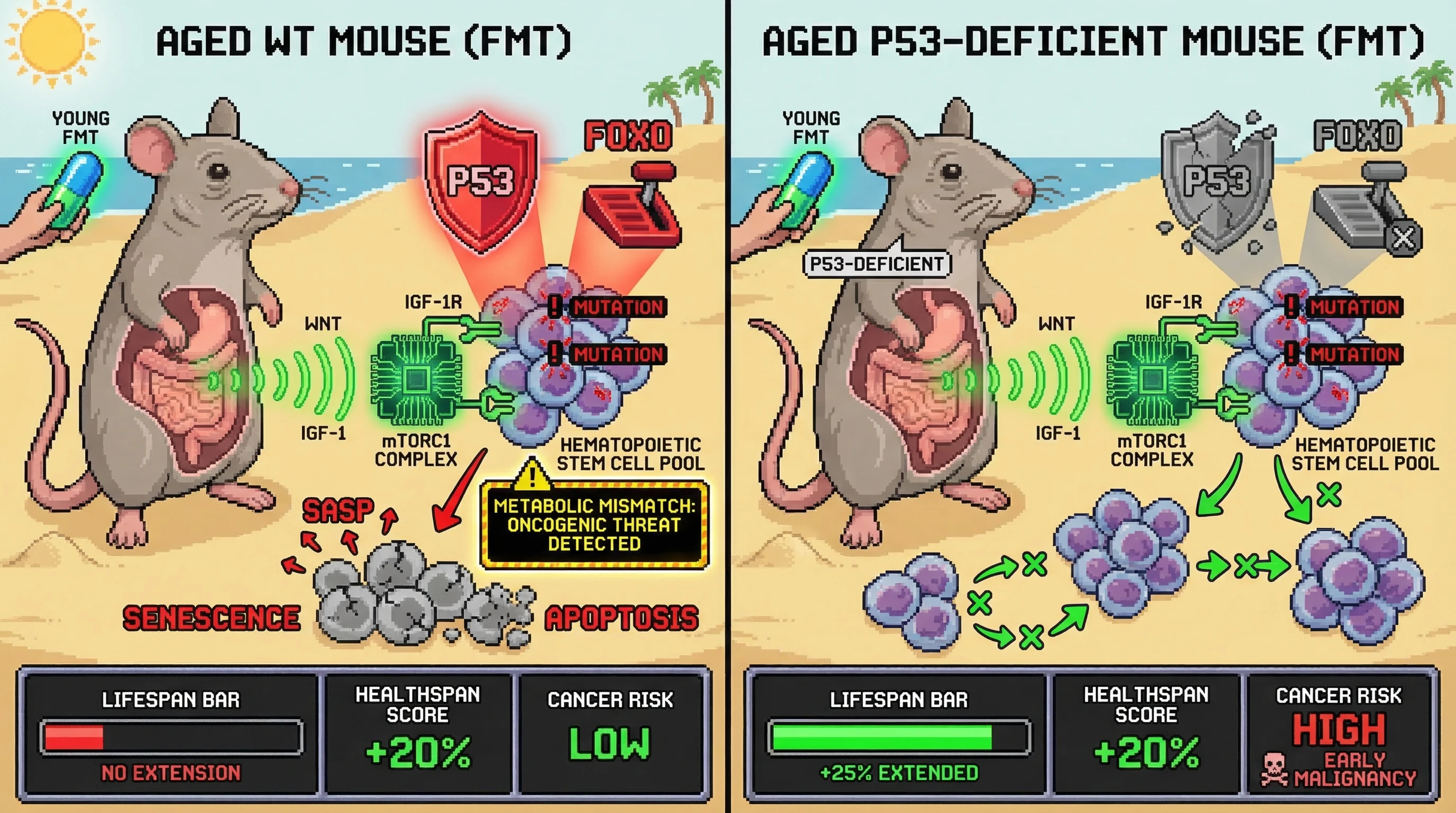 Mechanism: Young-donor FMT activates anabolic pathways in aged stem cells, but the p53 system in wild-type mice triggers senescence to prevent cancer. Readout: Readout: P53-deficient mice receiving FMT show significant lifespan extension but also a much higher incidence of early malignancies.