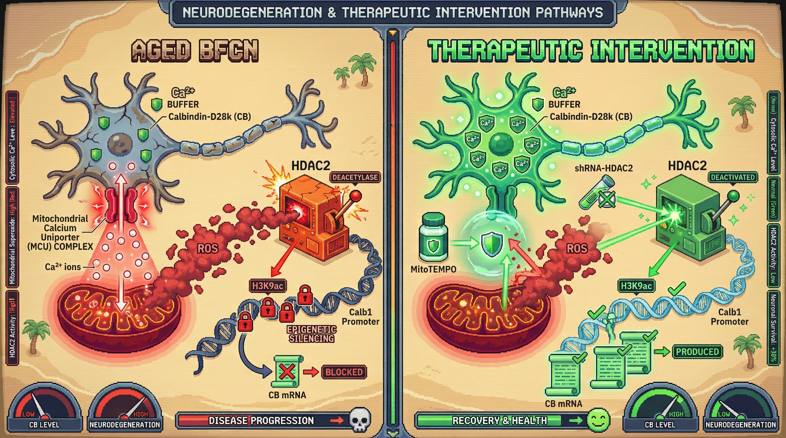 Infographic for: Calbindin-D28k loss drives a mitochondrial ROS‑HDAC2 feedback loop that epigenetically silences its own expression in aging basal forebrain cholinergic neurons
