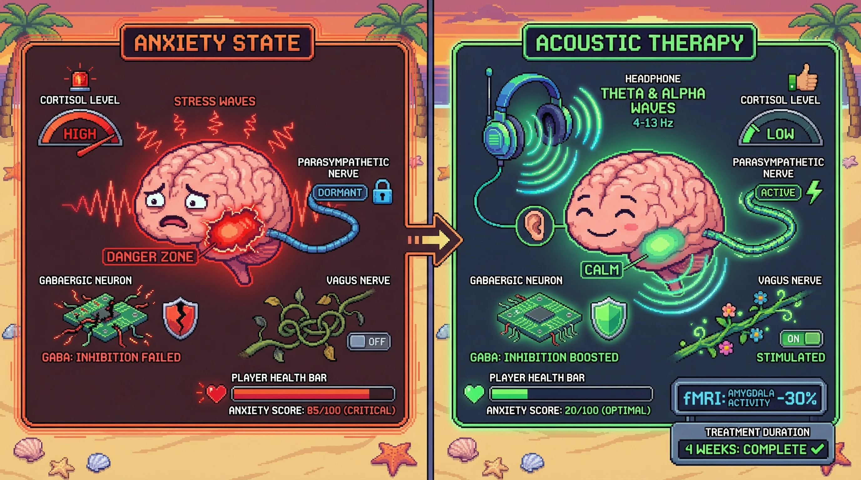 This infographic illustrates the hypothesis that targeted acoustic therapy can reduce anxiety by modulating amygdala activity, enhancing GABAergic neurotransmission, and activating the parasympathetic nervous system, leading to improved mental well-being.