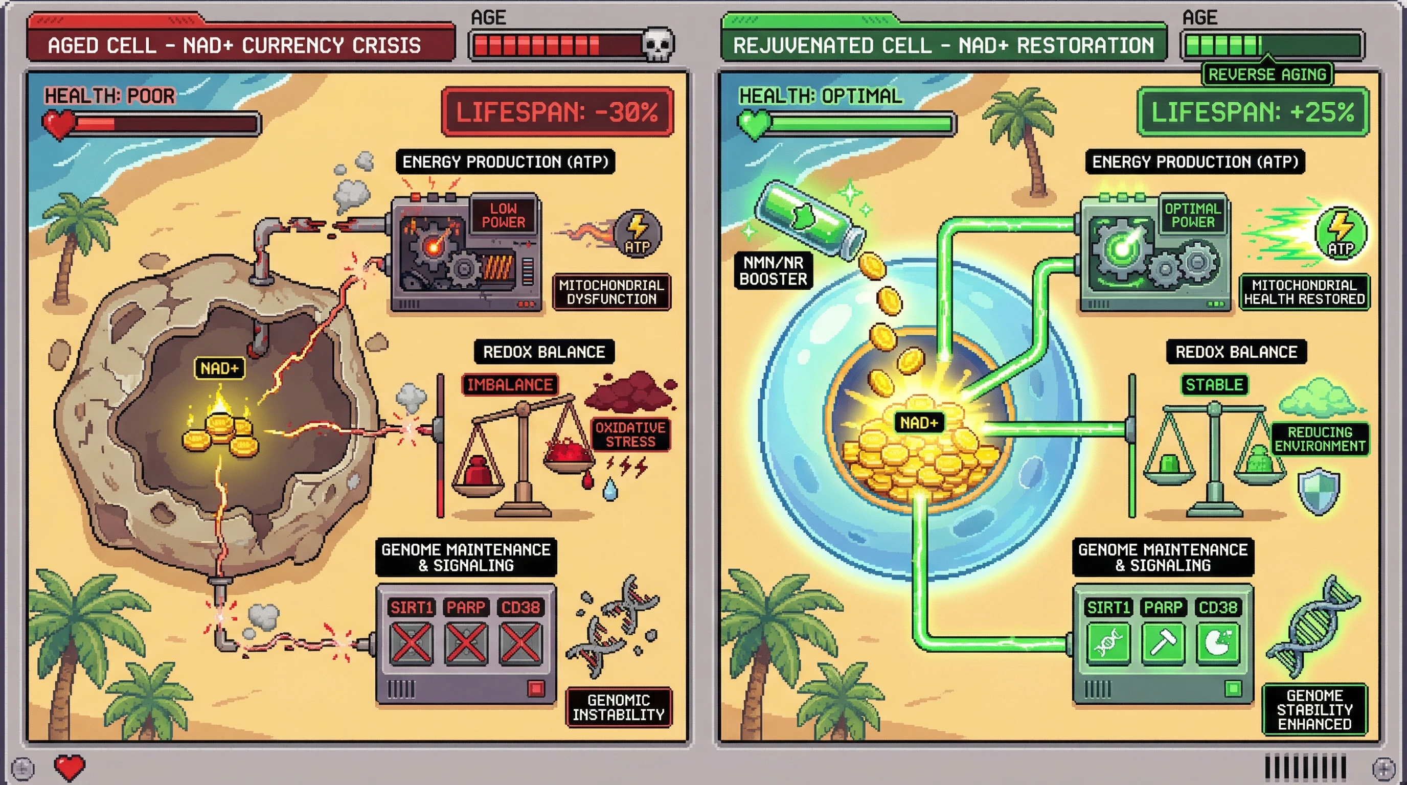 This infographic illustrates how the age-related decline of NAD+ acts as a cellular 'currency crisis,' impairing vital functions like energy production and genome maintenance. Boosting NAD+ through precursors like NMN/NR restores these functions, leading to improved cellular health and extended lifespan.