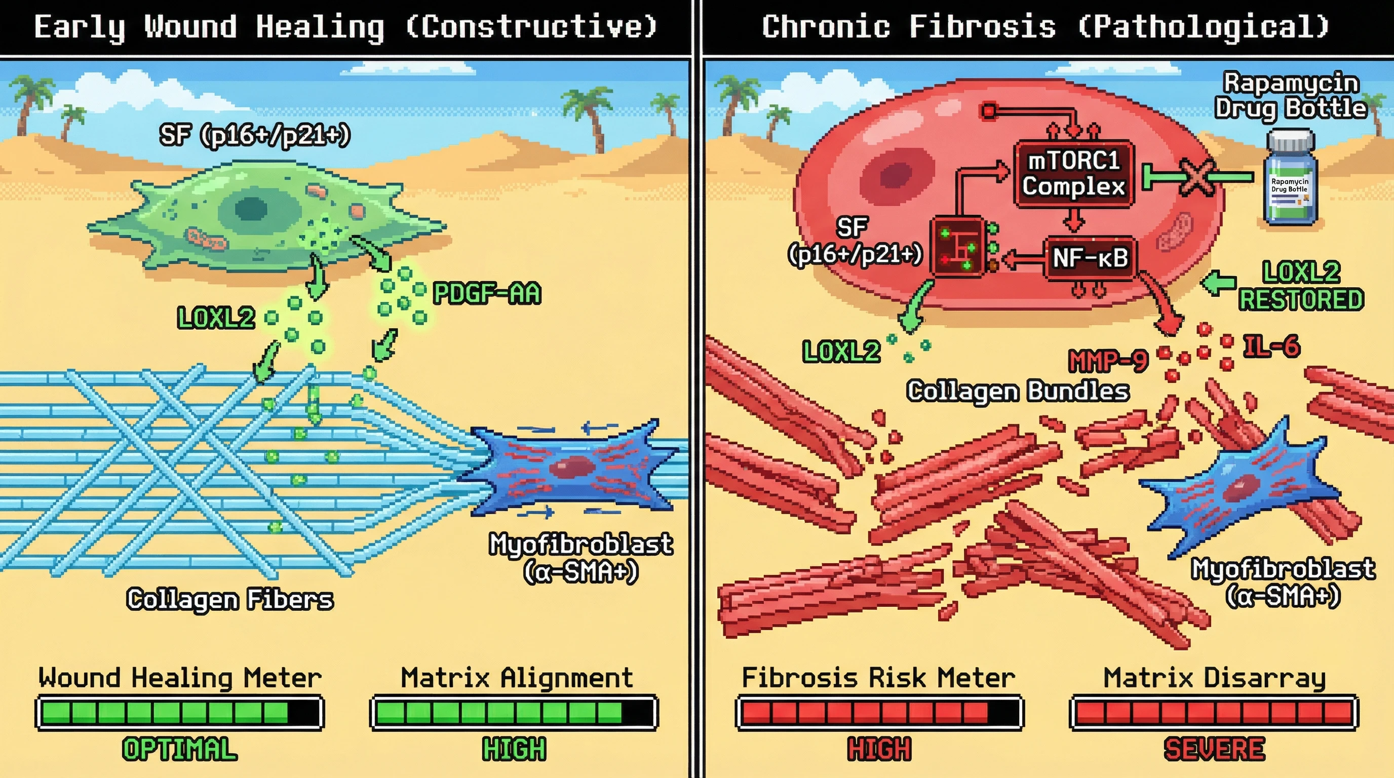 Infographic for: Transient LOXL2 secretion by senescent fibroblasts orchestrates constructive matrix remodeling, while its chronic persistence drives pathological fibrosis