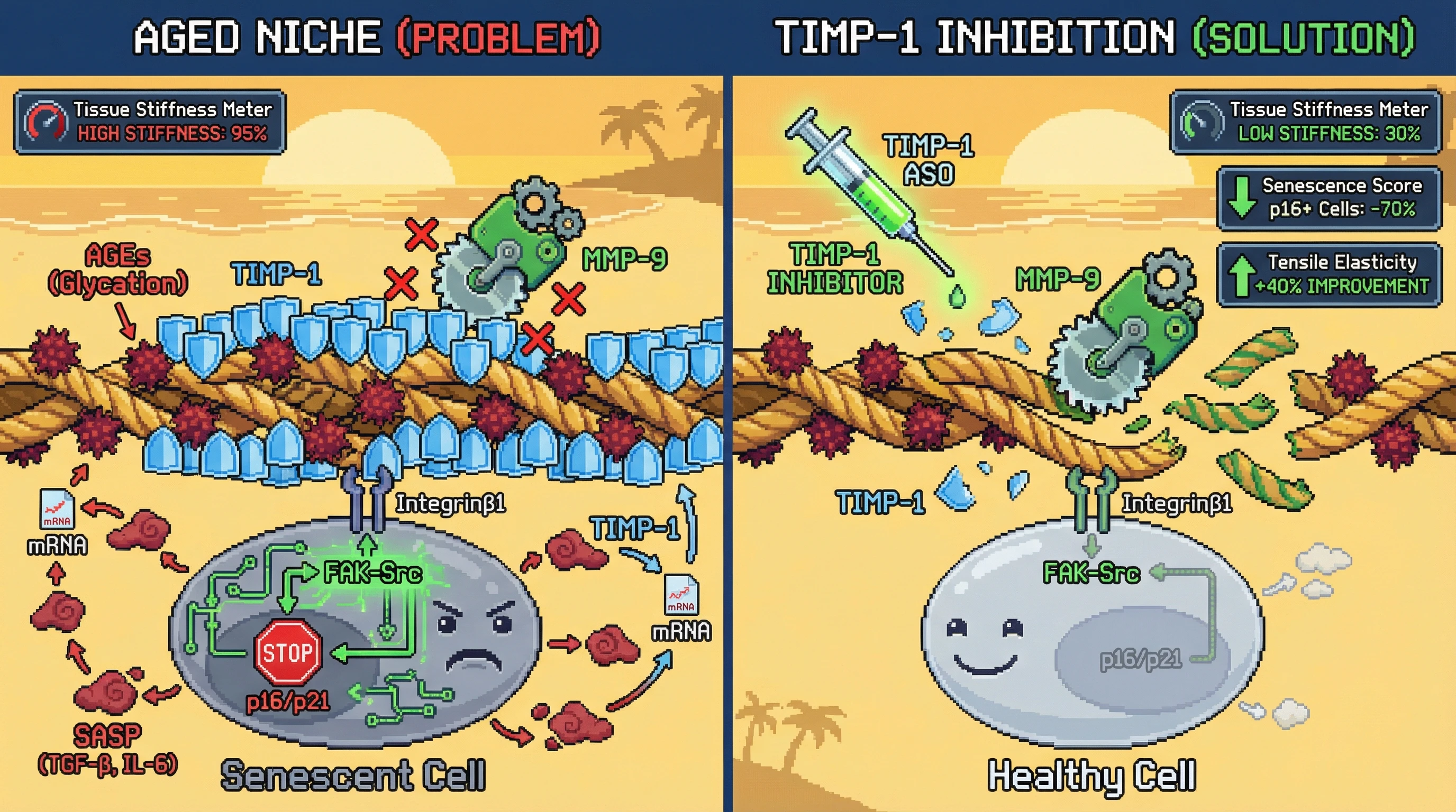 Mechanism: Lysine glycation on collagen recruits TIMP-1, forming a shield that prevents MMP-mediated collagen degradation, leading to tissue stiffness and cellular senescence via integrin-FAK-p16/p21 signaling. Readout: Readout: Inhibiting TIMP-1 restores MMP activity, reduces tissue stiffness to 30%, decreases p16+ senescent cells by 70%, and improves tensile elasticity by 40%.