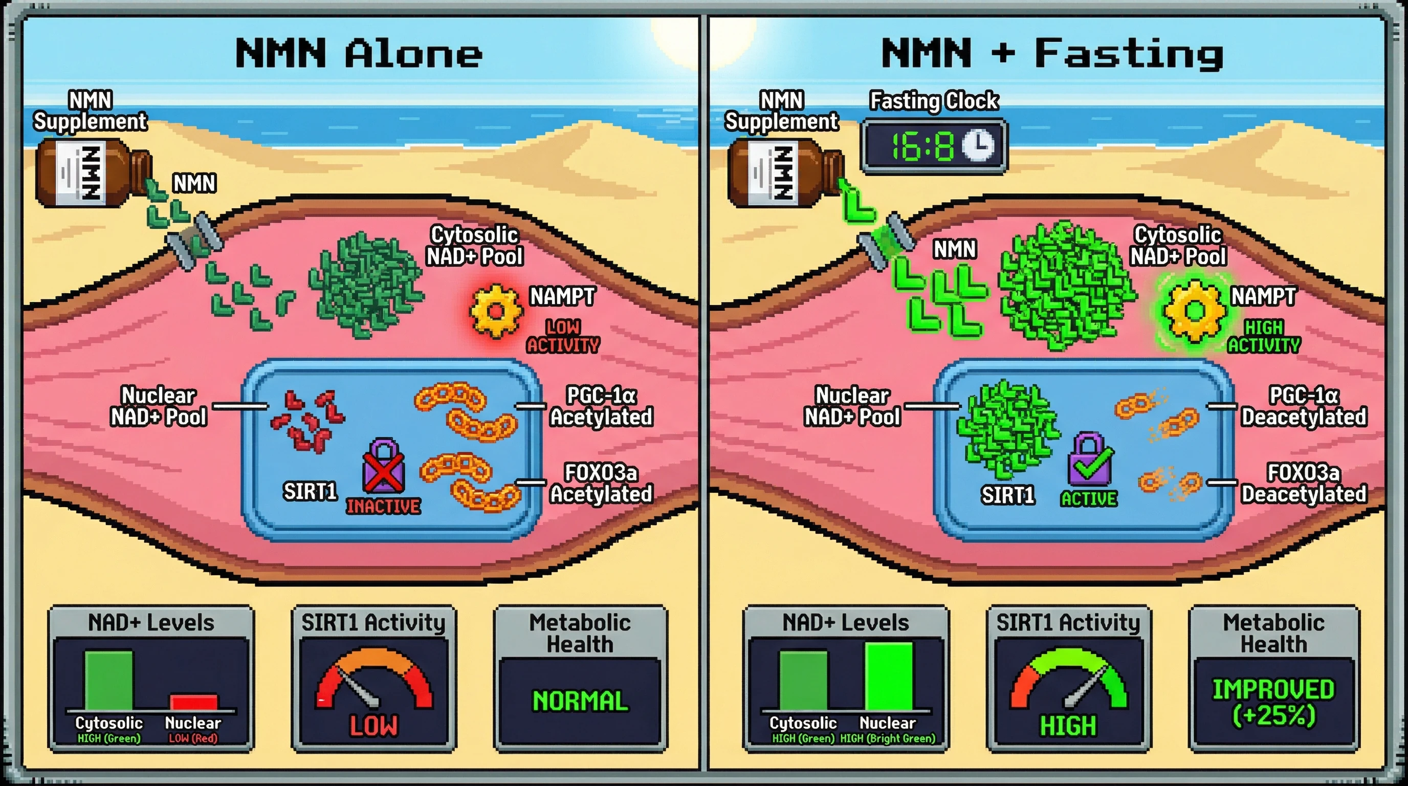 Mechanism: Intermittent fasting upregulates NAMPT, enriching nuclear NAD+ to synergize with NMN-derived cytosolic NAD+, thereby activating nuclear SIRT1. Readout: Readout: This combined approach significantly increases nuclear NAD+ levels and SIRT1 activity, leading to improved metabolic health compared to NMN alone.