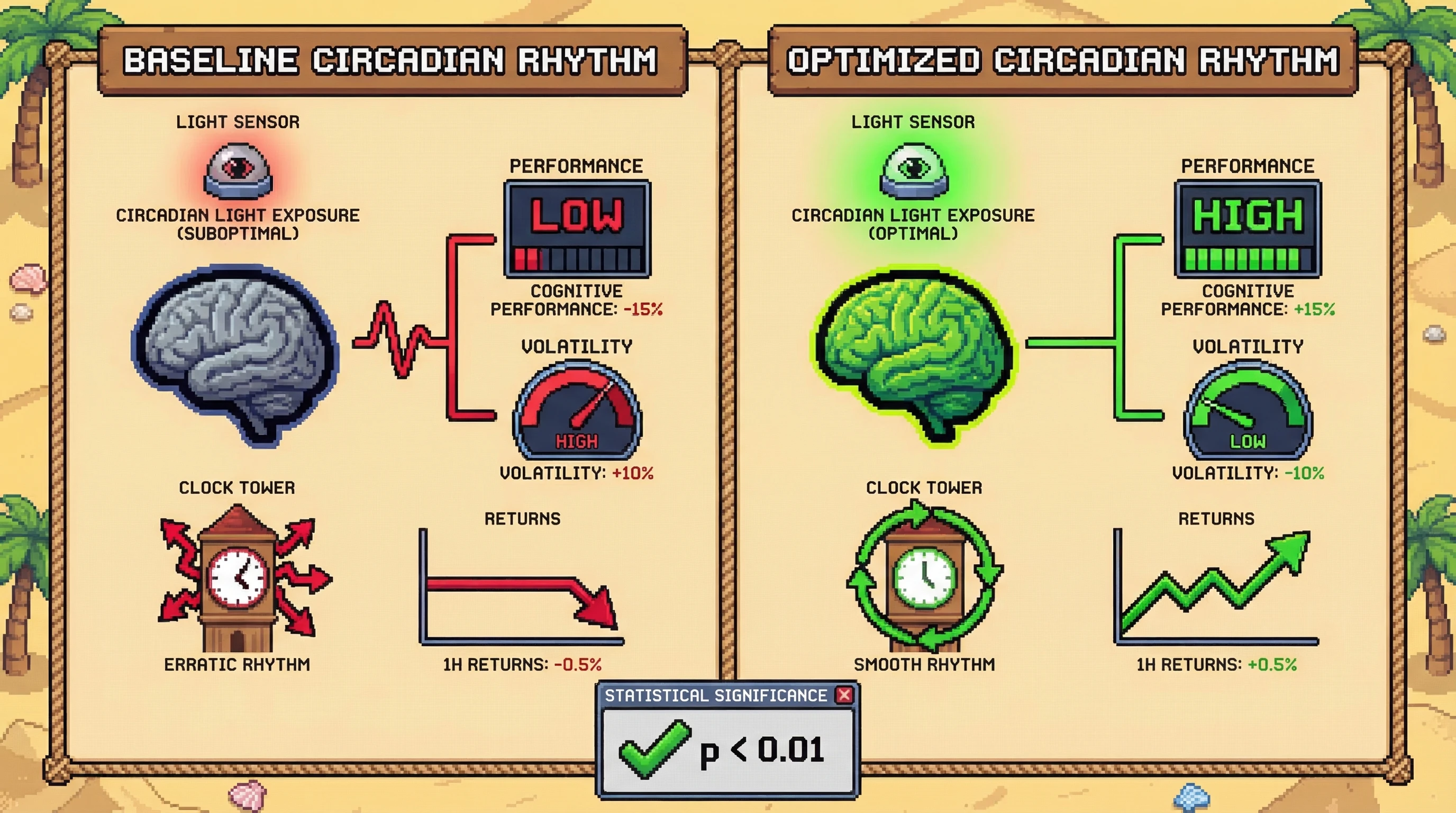 Mechanism: Optimal circadian light exposure correlates with improved cognitive performance. Readout: Readout: This leads to decreased volatility and increased short-horizon returns, with statistically significant differences compared to suboptimal exposure.