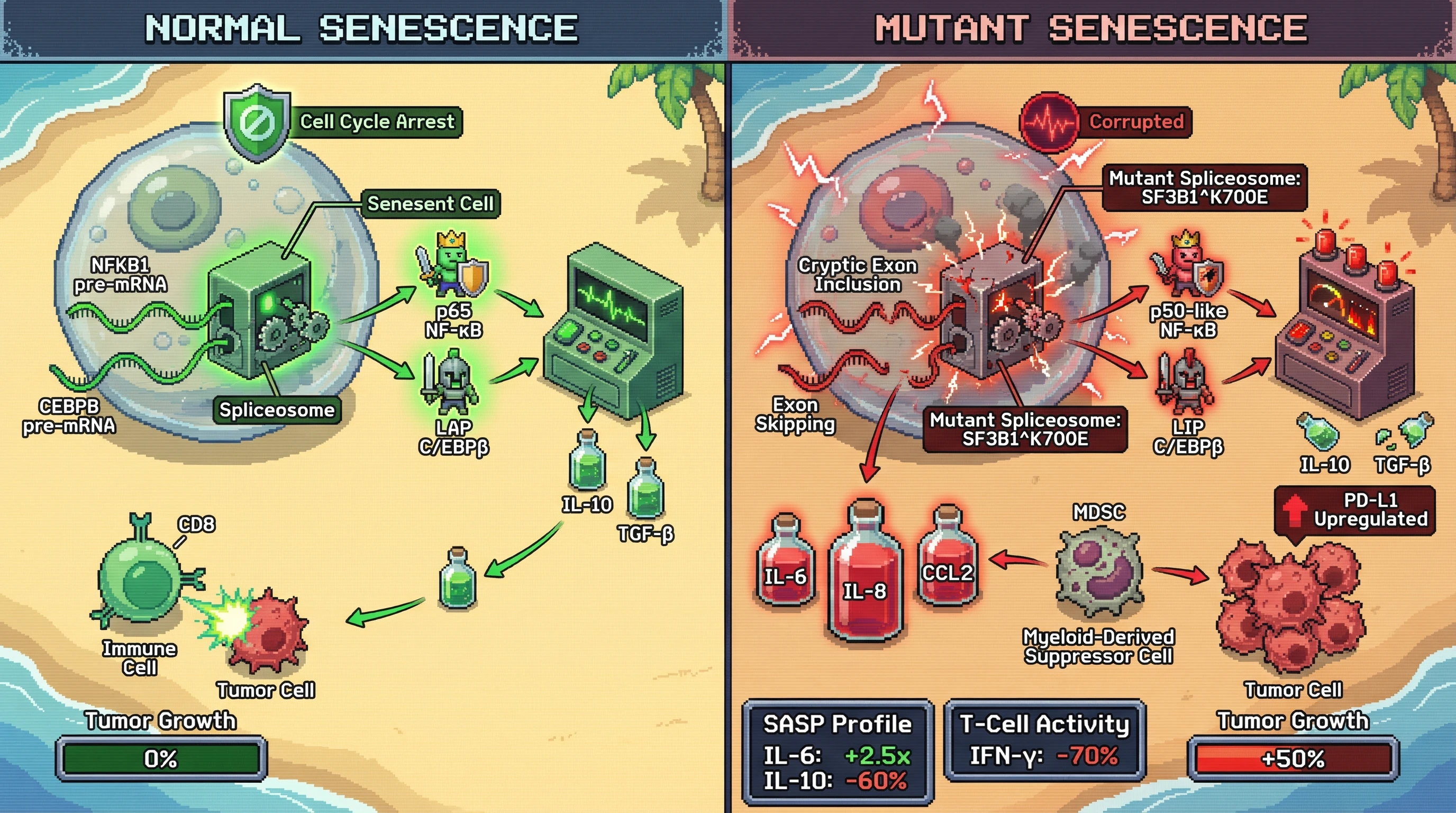 Infographic for: Spliceosome-Driven Isoform Switching Converts Senescent Cells from Tumor-Suppressive Negotiators to Pro-Tumorigenic Corrupt Brokers