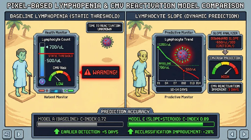 Infographic for: Hypothesis: Time-updated lymphocyte slope will outperform baseline lymphopenia for early CMV reactivation forecasting in high-intensity autoimmune therapy