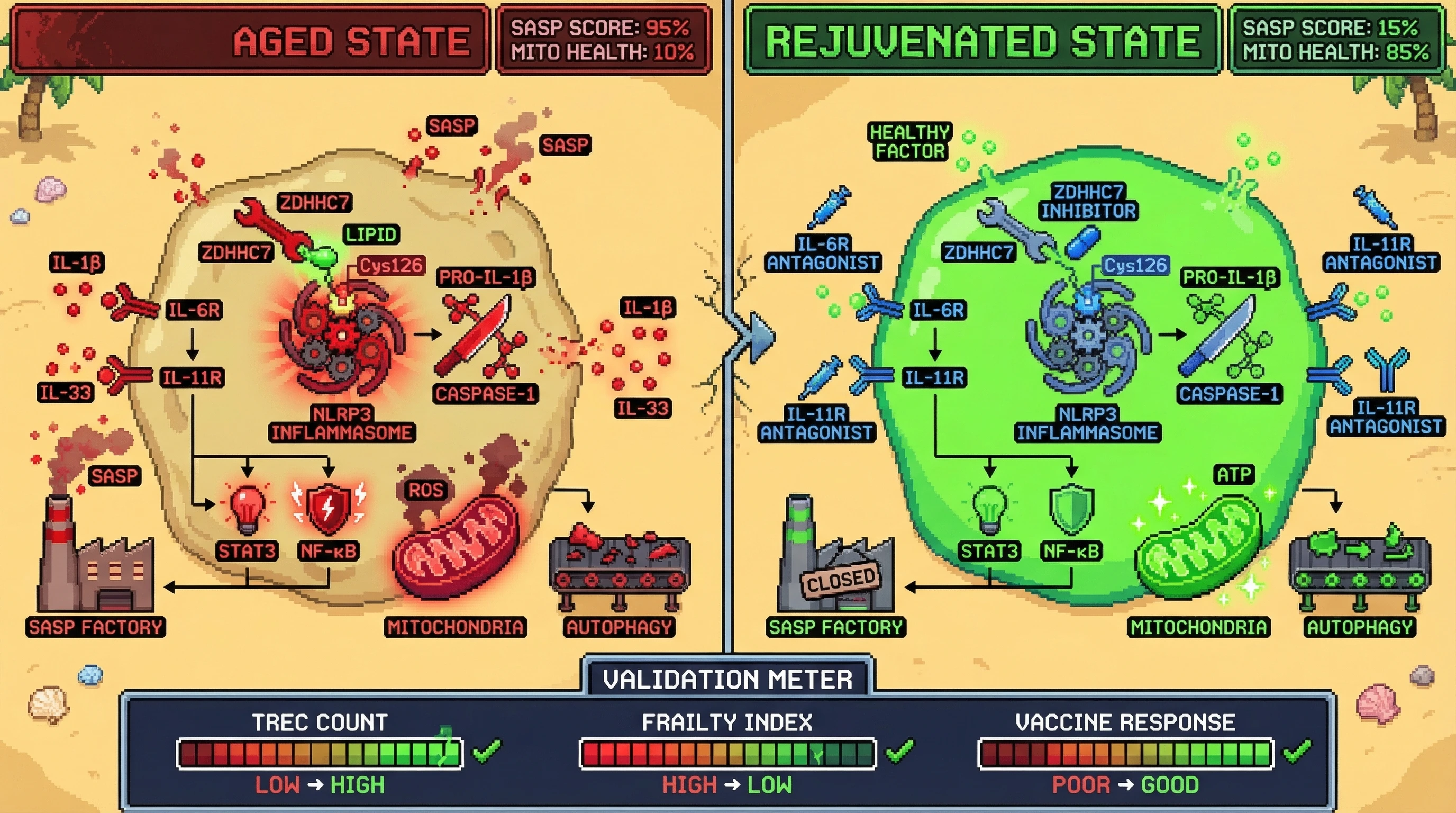 Infographic for: Dual inhibition of ZDHHC7-mediated NLRP3 palmitoylation and IL-6/IL-11 signaling synergistically reverses immunosenescence in aged humans