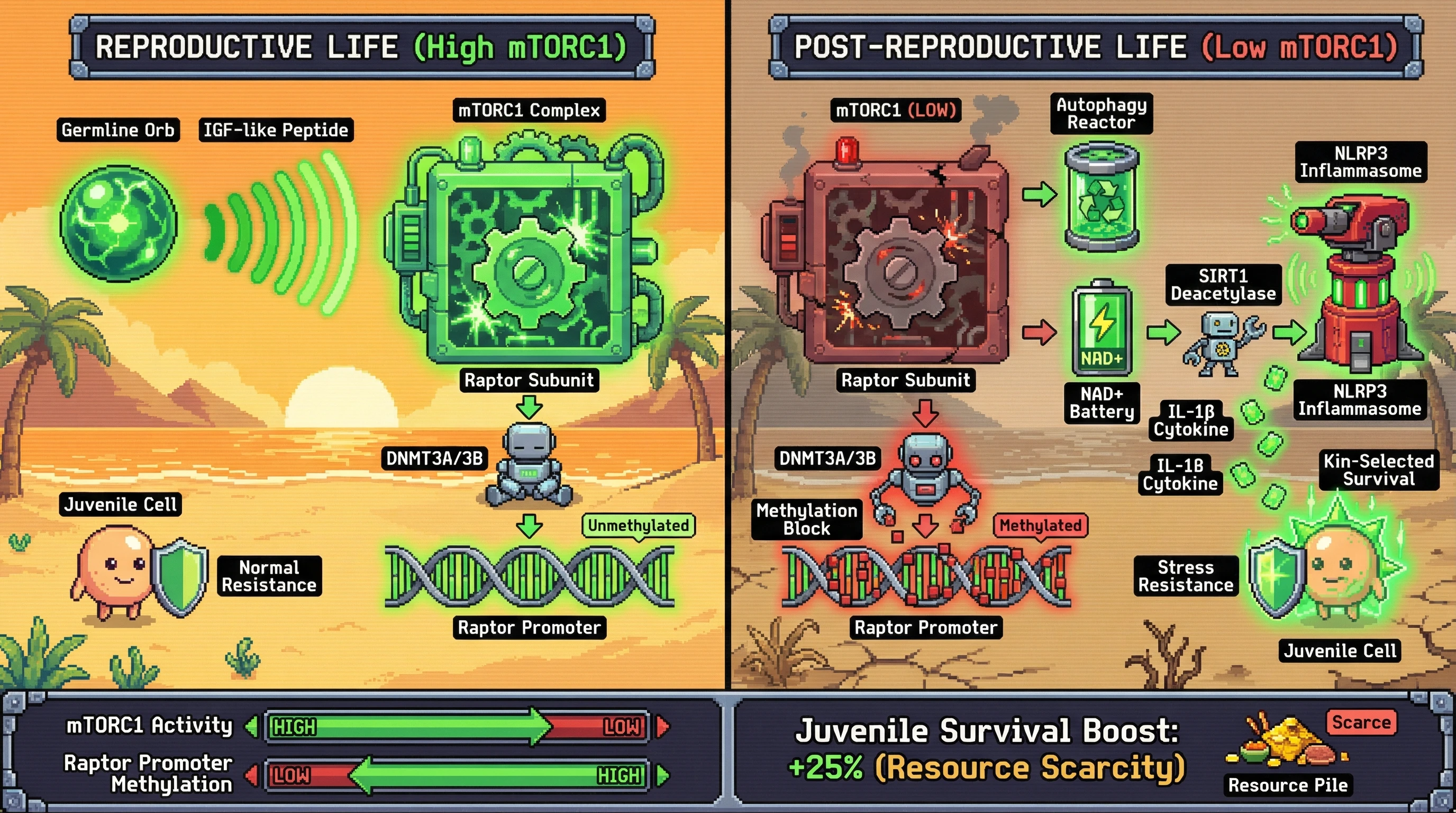 Infographic for: Hypothesis: Adaptive senescence via post‑reproductive mTORC1 silencing promotes kin‑selected survival through controlled inflammasome activation
