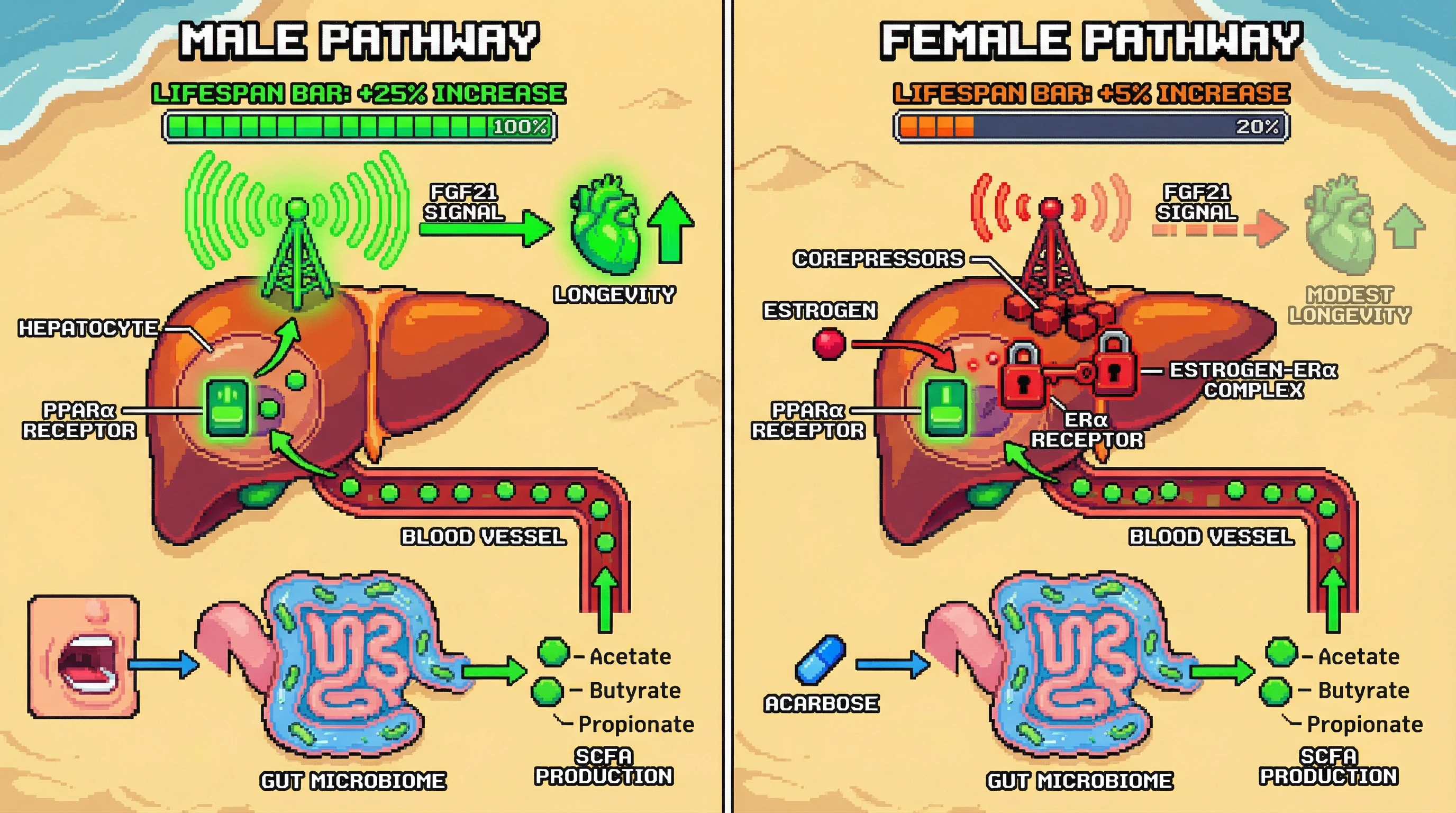 Mechanism: Acarbose increases gut short-chain fatty acids (SCFA), which activate hepatic FGF21 signaling to promote longevity, but estrogen represses this FGF21 activation in females. Readout: Readout: Male mice show a significant increase in lifespan (e.g., +25%), while females exhibit only a modest increase (e.g., +5%).