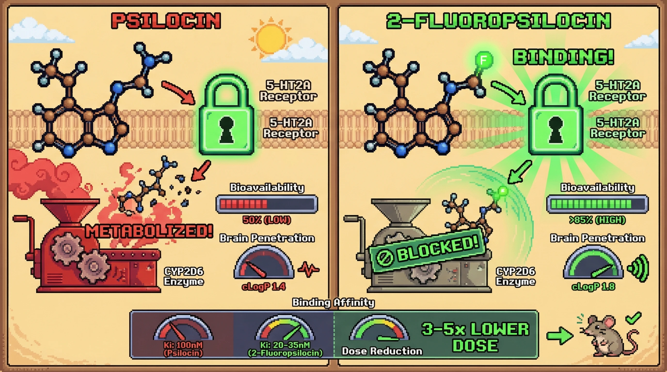 Infographic for: 2-Fluoropsilocin: Predicted 5x Potency with Metabolic Resistance