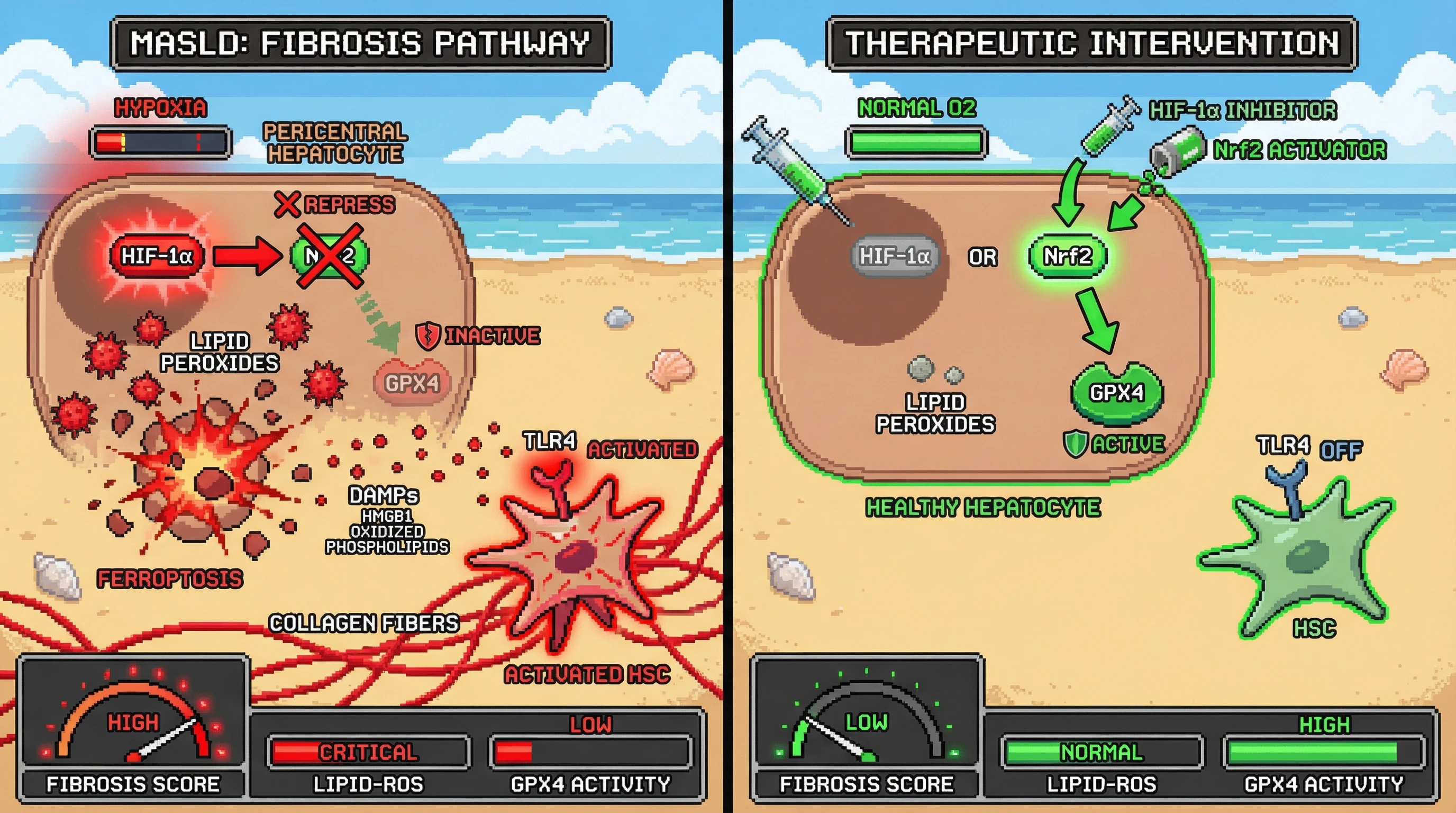 Mechanism: Hypoxia stabilizes HIF-1α, which represses Nrf2 and GPX4, leading to ferroptosis and subsequent fibrosis via DAMPs activating hepatic stellate cells. Readout: Readout: Inhibiting HIF-1α or activating Nrf2 increases GPX4 activity, reduces lipid-ROS, and lowers the fibrosis score.