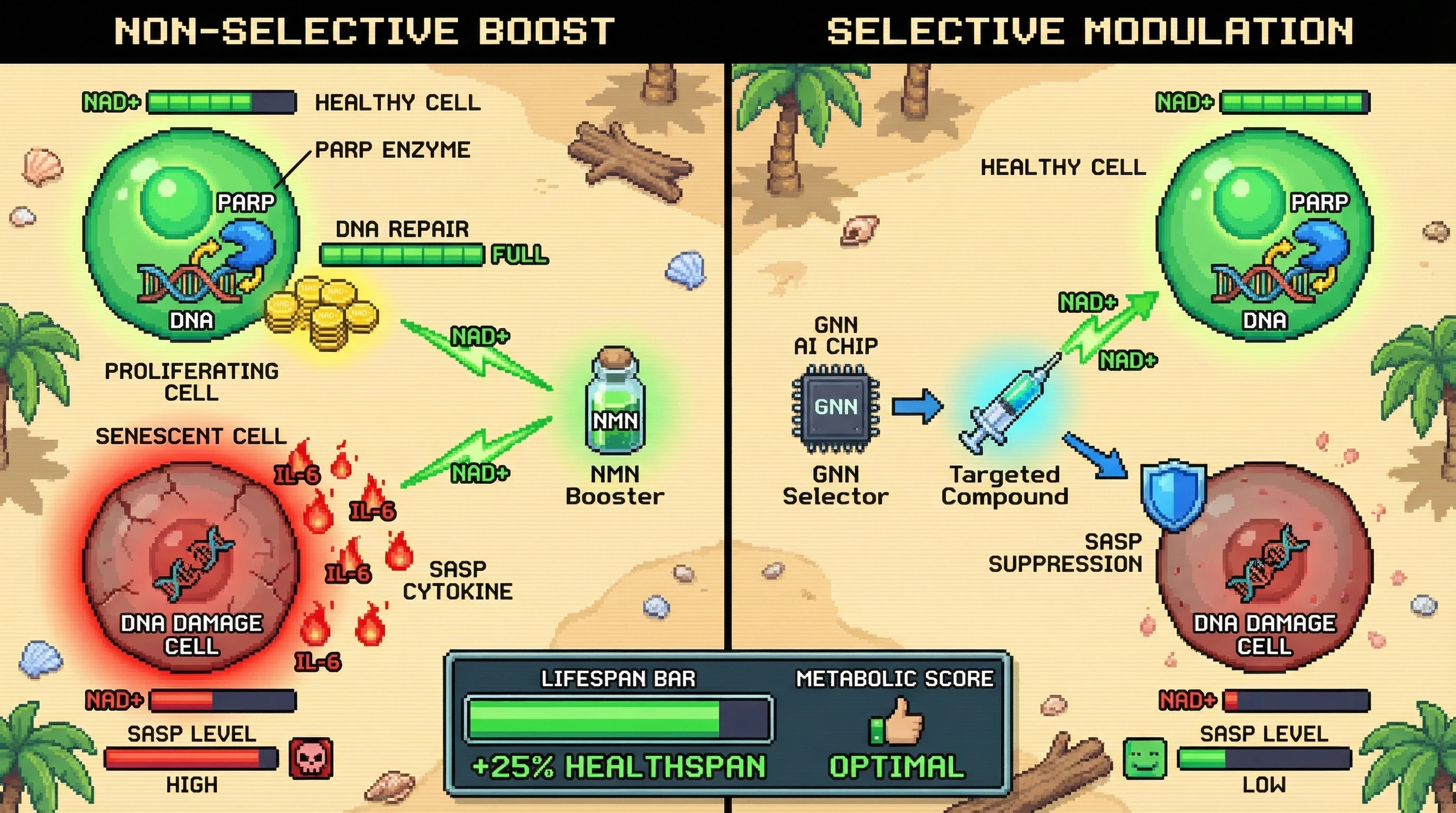 Infographic for: Cell-state-specific NAD+ modulation predicts longevity interventions by exploiting senescence-associated metabolic suppression