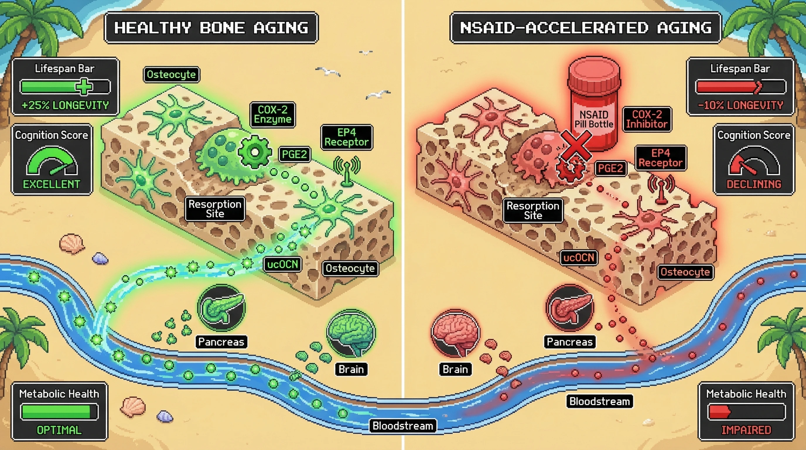 Mechanism: Long-term NSAID use inhibits COX-2 in osteoclasts, reducing PGE2 and subsequently decreasing the release of ucOCN from osteocytes, which weakens metabolic and cognitive signaling pathways. Readout: Readout: This results in lower circulating ucOCN, impaired glucose tolerance, reduced BDNF, and accelerated decline in cognition and lifespan, as shown by game UI elements.