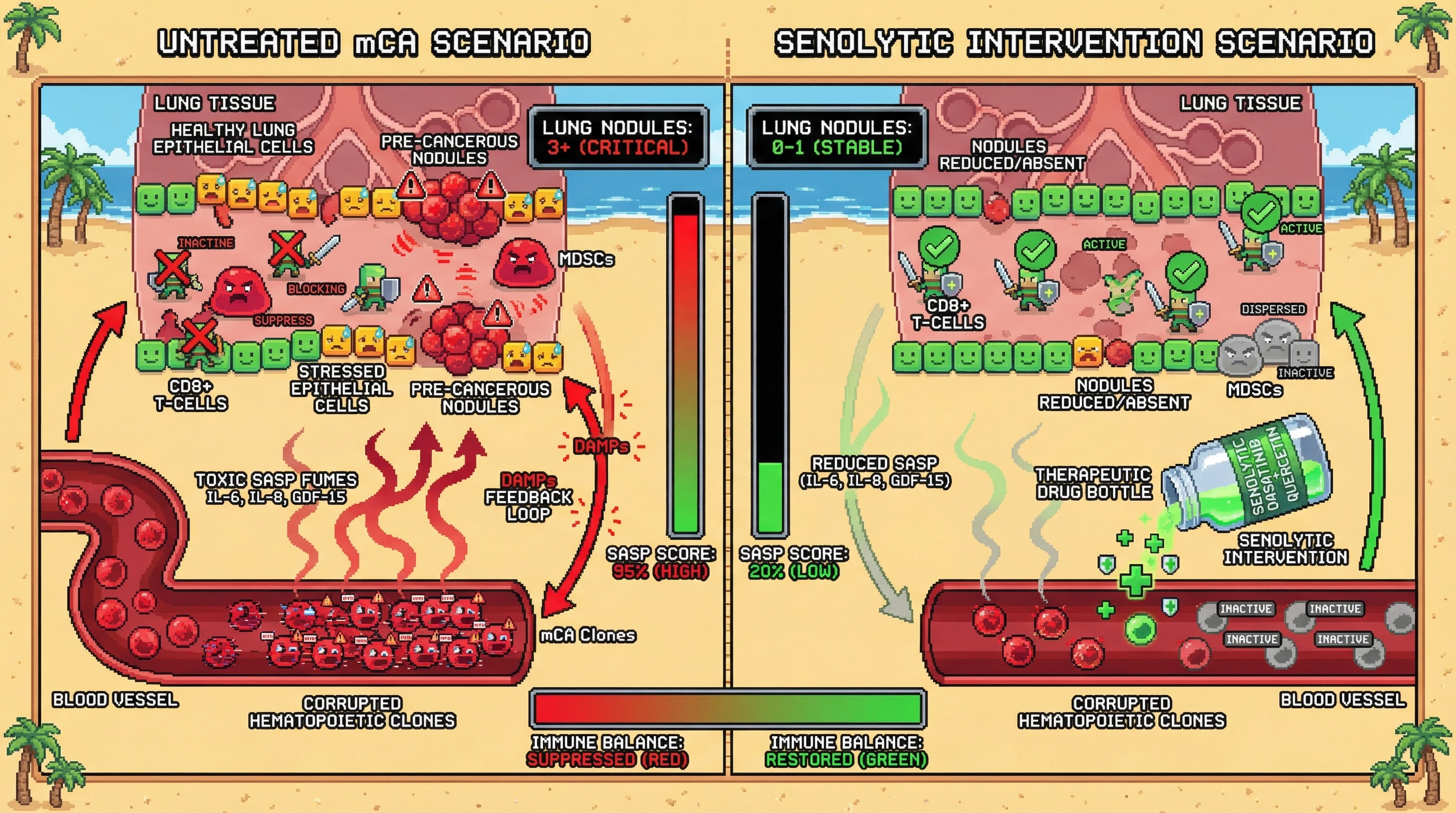 Mechanism: High-fraction mCA clones in blood secrete SASP factors that induce lung immune suppression and promote nodule formation. Readout: Readout: Senolytic agents reduce SASP levels, decrease MDSCs, increase CD8+ T-cell activity, and lower lung nodule incidence over two years.