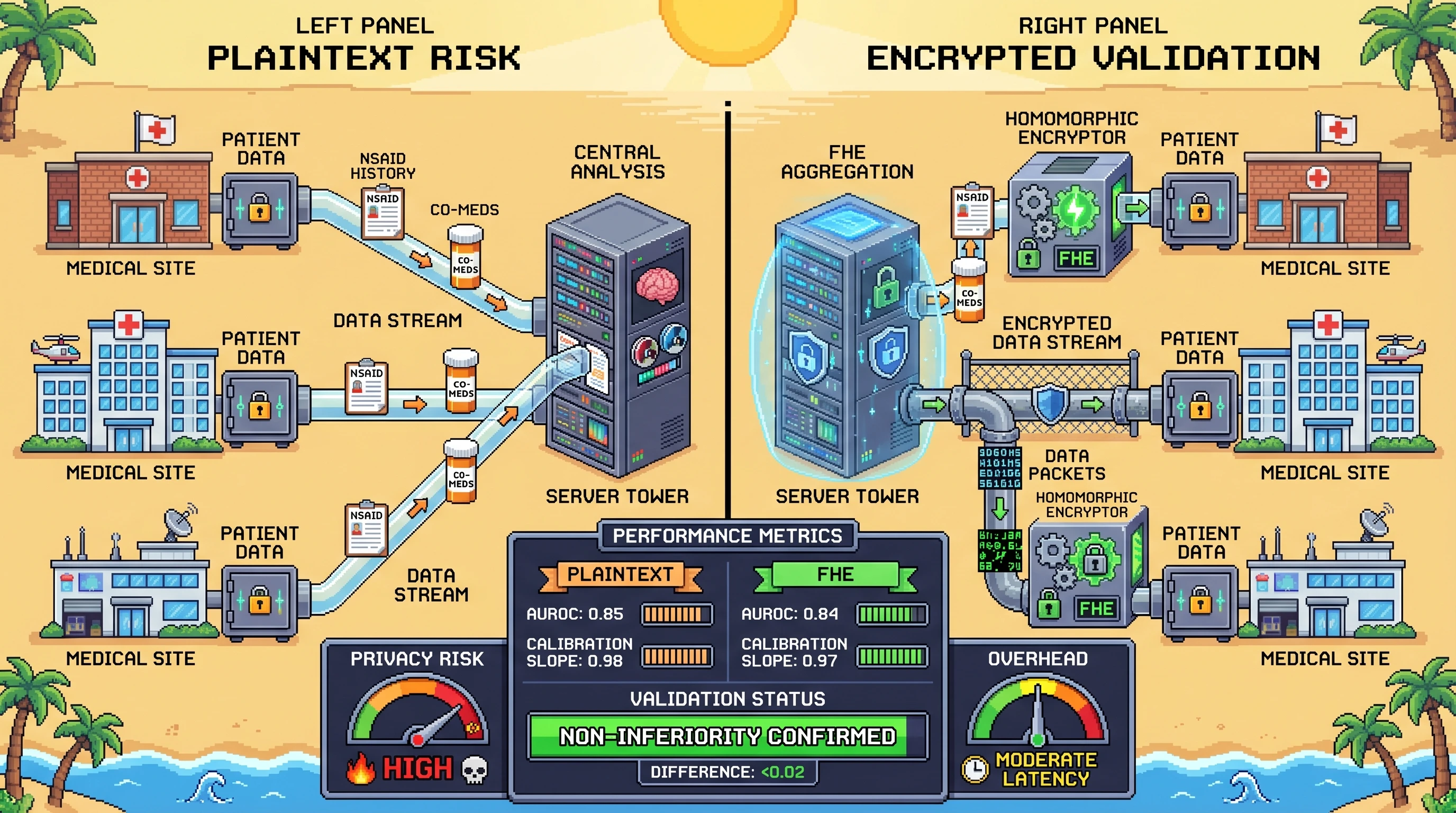 Infographic for: Homomorphically encrypted autoimmune medication registries can validate upper-GI bleed prediction without exposing patient-level NSAID histories