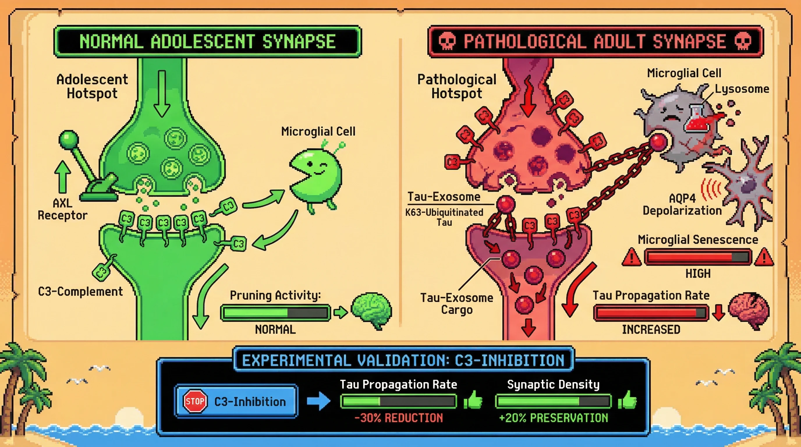 Mechanism: Adolescent synaptic hotspots, pre-tagged with C3-complement, act as landing pads for K63-ubiquitinated tau-exosomes, leading to microglial dysfunction and neurodegeneration. Readout: Readout: C3-inhibition reduces tau propagation rate by 30% and preserves synaptic density by 20% in hTau-Aβ mouse models.