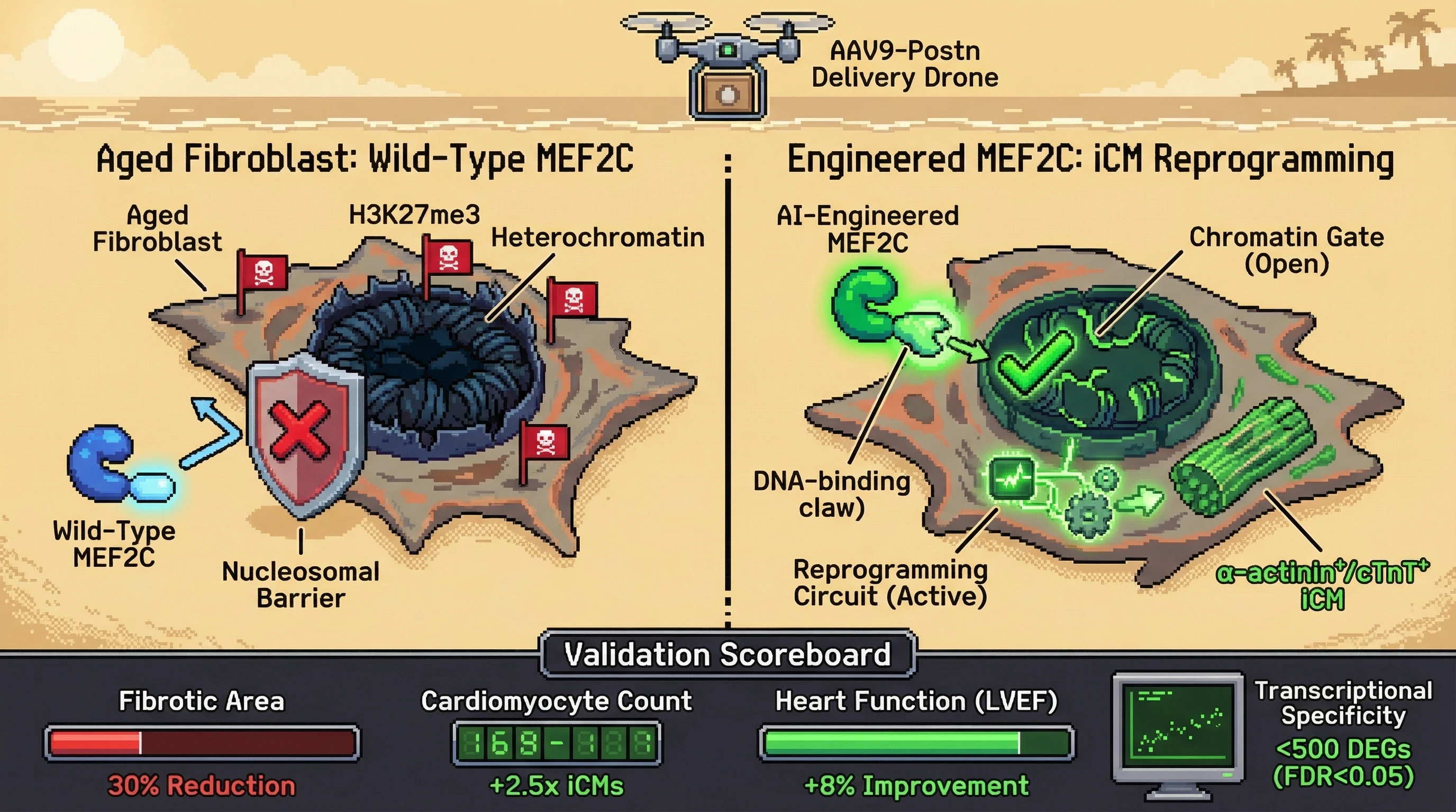 Mechanism: AI-engineered MEF2C variants with amplified electrostatic potential overcome the nucleosomal barrier in aged cardiac fibroblasts, activating a reprogramming circuit. Readout: Readout: This intervention leads to a ≥2.5-fold increase in iCMs, an ≥8% improvement in LVEF, and a ≥30% reduction in fibrotic area.