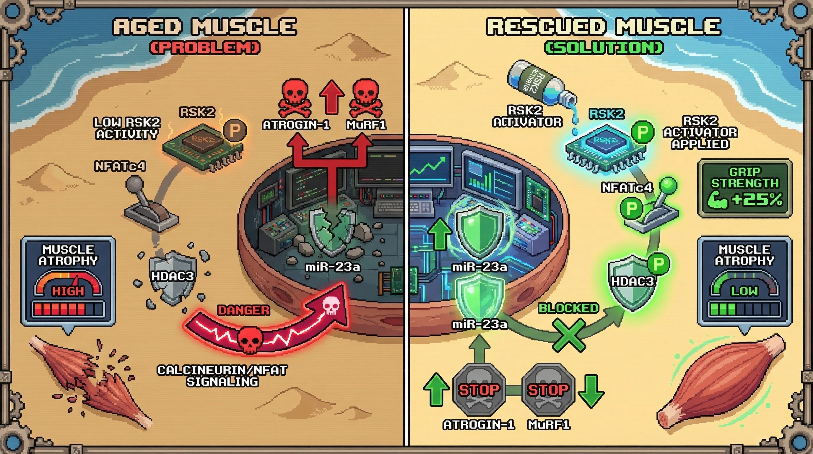 Infographic for: NFATc4‑RSK2 phospho‑switch controls calcineurin/NFAT attenuation and sarcopenia