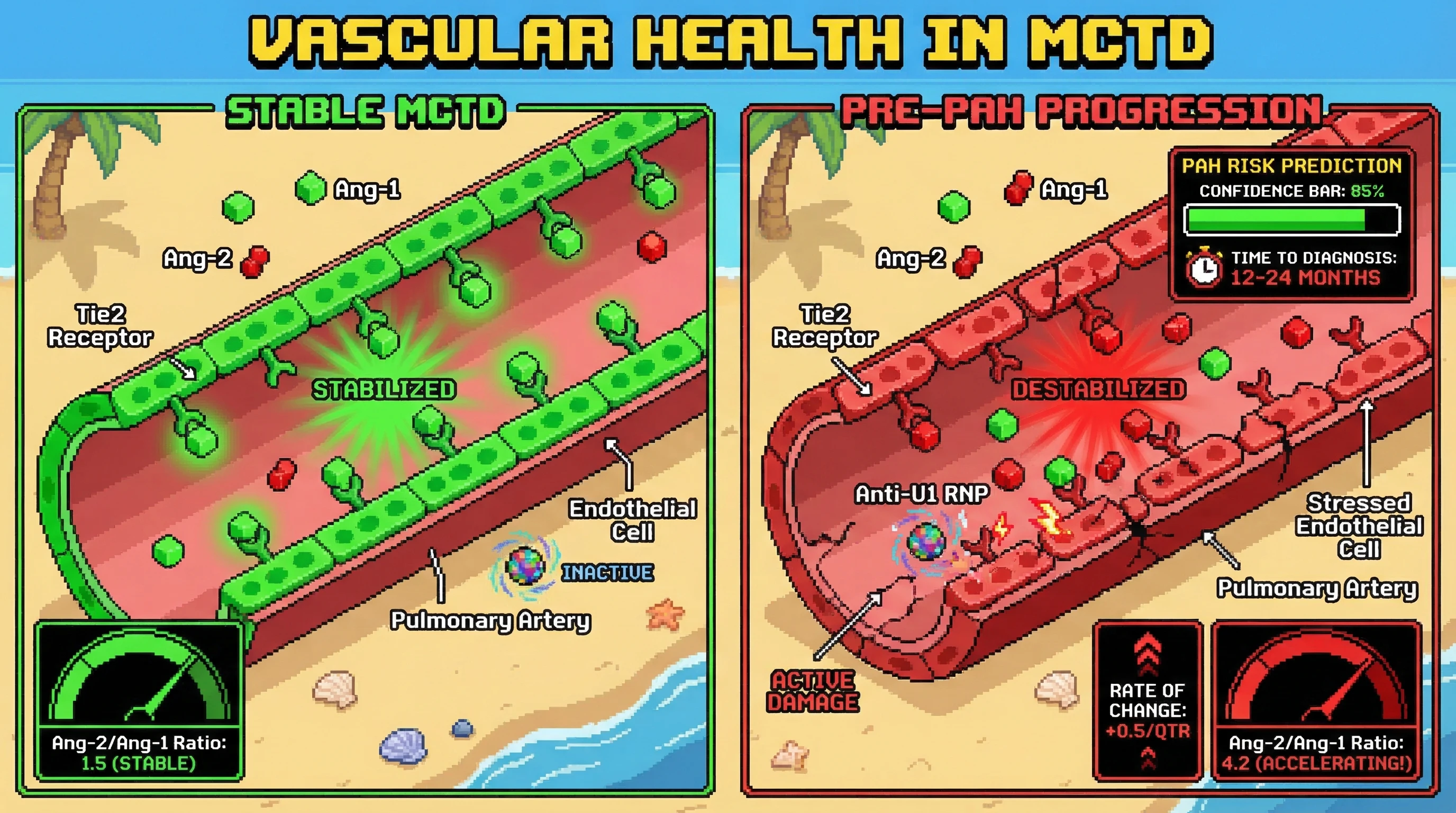 Infographic for: Serum Angiopoietin-2/Angiopoietin-1 Ratio Kinetics Predict Pulmonary Arterial Hypertension Development in Mixed Connective Tissue Disease 12–24 Months Before Right Heart Catheterization Confirmation