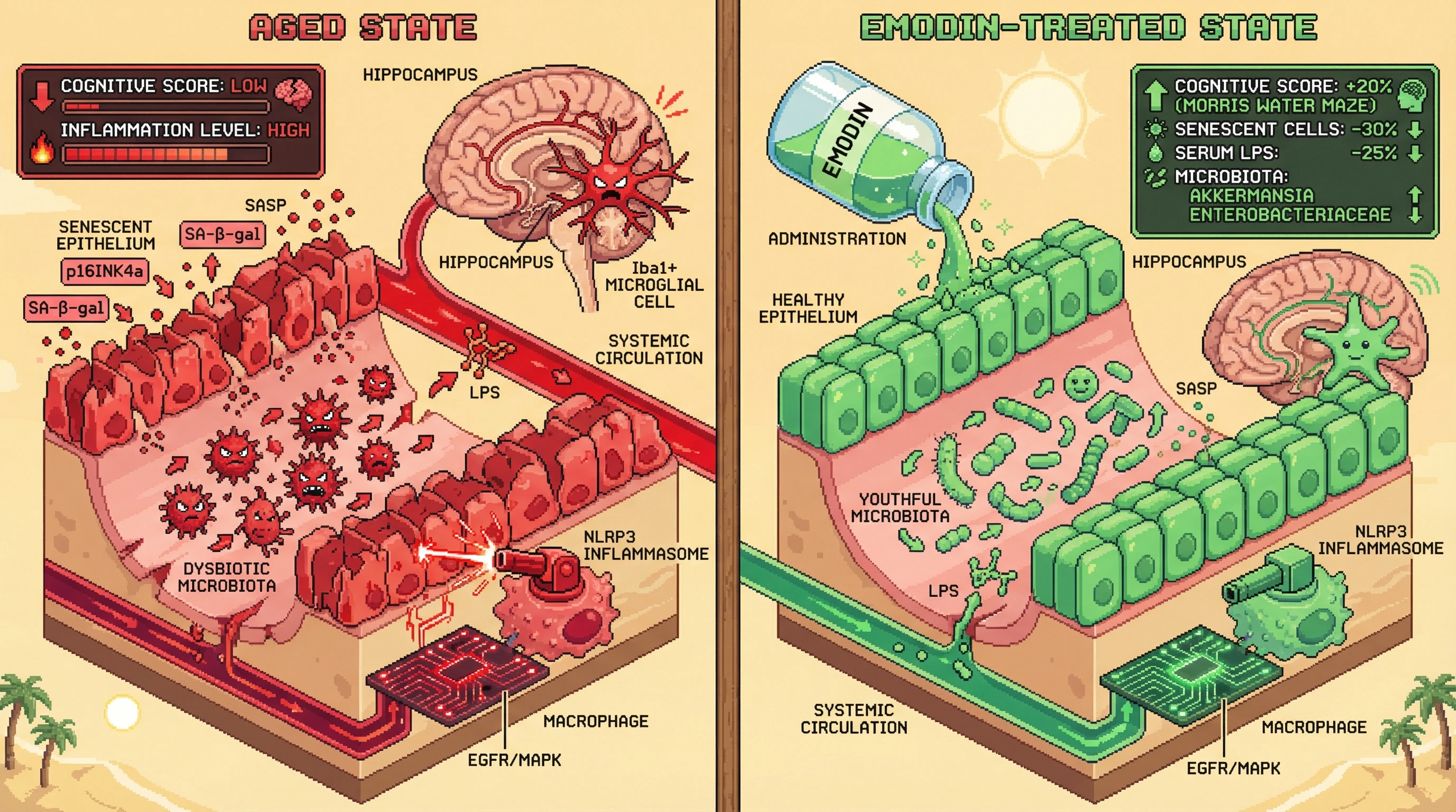 Infographic for: Emodin mitigates inflammaging-driven cognitive decline by rejuvenating the gut microbiota and clearing senescent gut epithelial cells via NLRP3/EGFR/CDK modulation