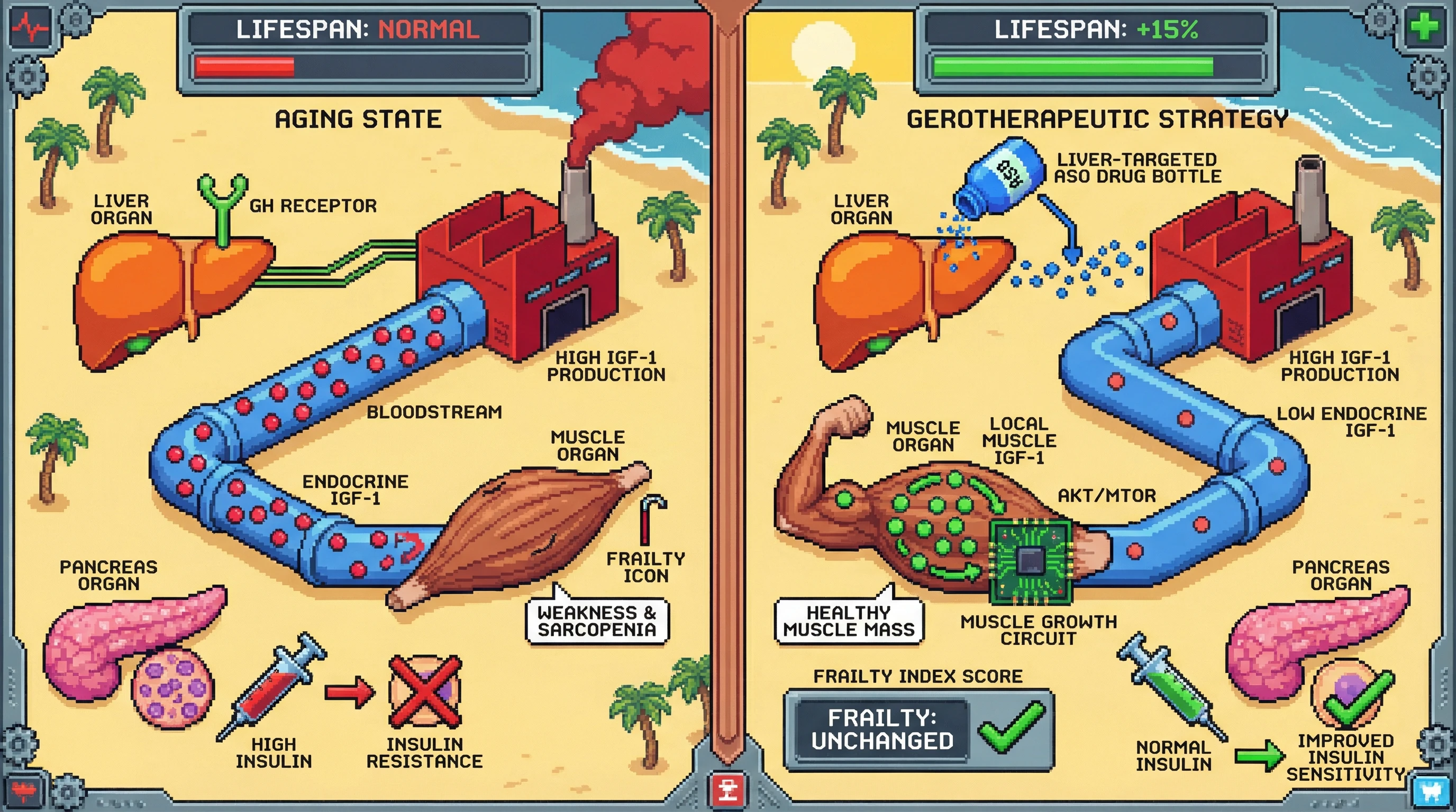 Infographic for: Late‑Life Hepatic IGF‑1 Suppression as a Gerotherapeutic Strategy to Uncouple Longevity Benefits from Somatopause‑Associated Frailty
