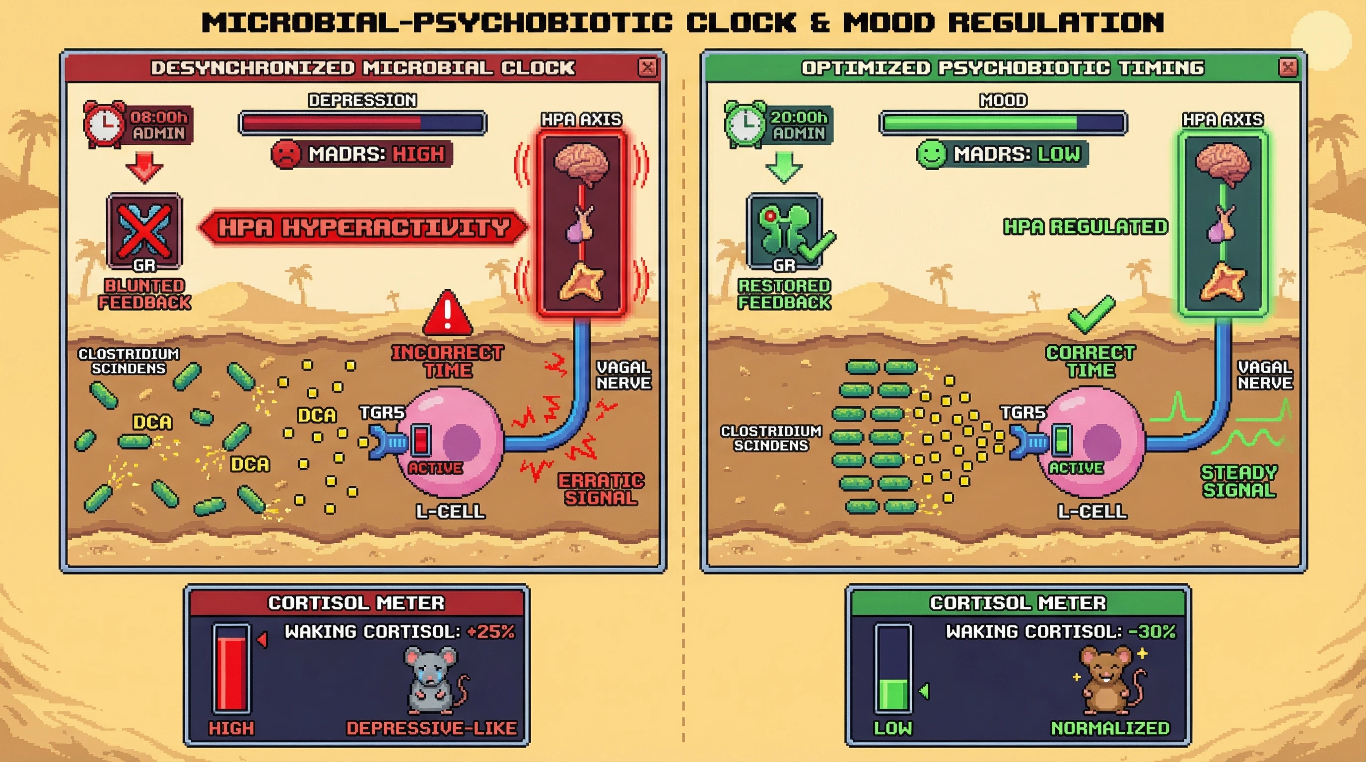 Infographic for: Circadian Timing of Microbial Bile Acid Production Determines Psychobiotic Efficacy in Depression